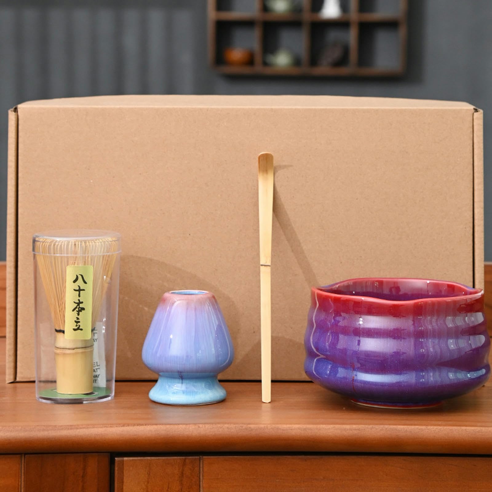 Japanisches Matcha-Schüssel-Set aus Keramik, einfaches und personalisiertes Haushaltsgeschirr, lila und rot