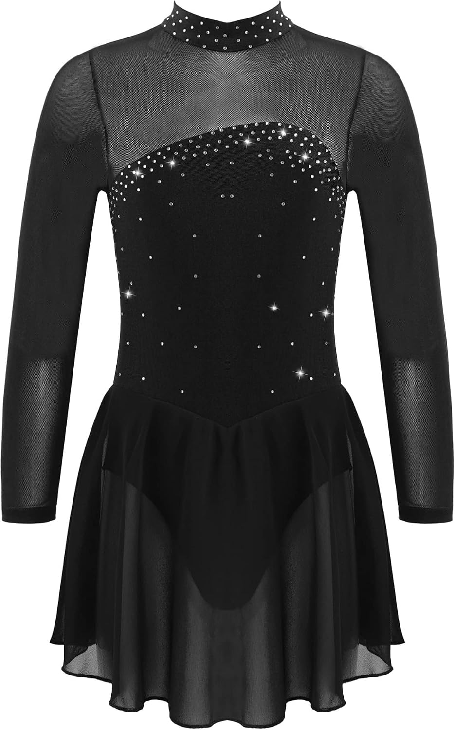 Alvivi Girls Sparkly Rhinestone Figure Skating Dress Mesh Long Sleeve Keyhole Back Ballet Tutu Dress for Performance