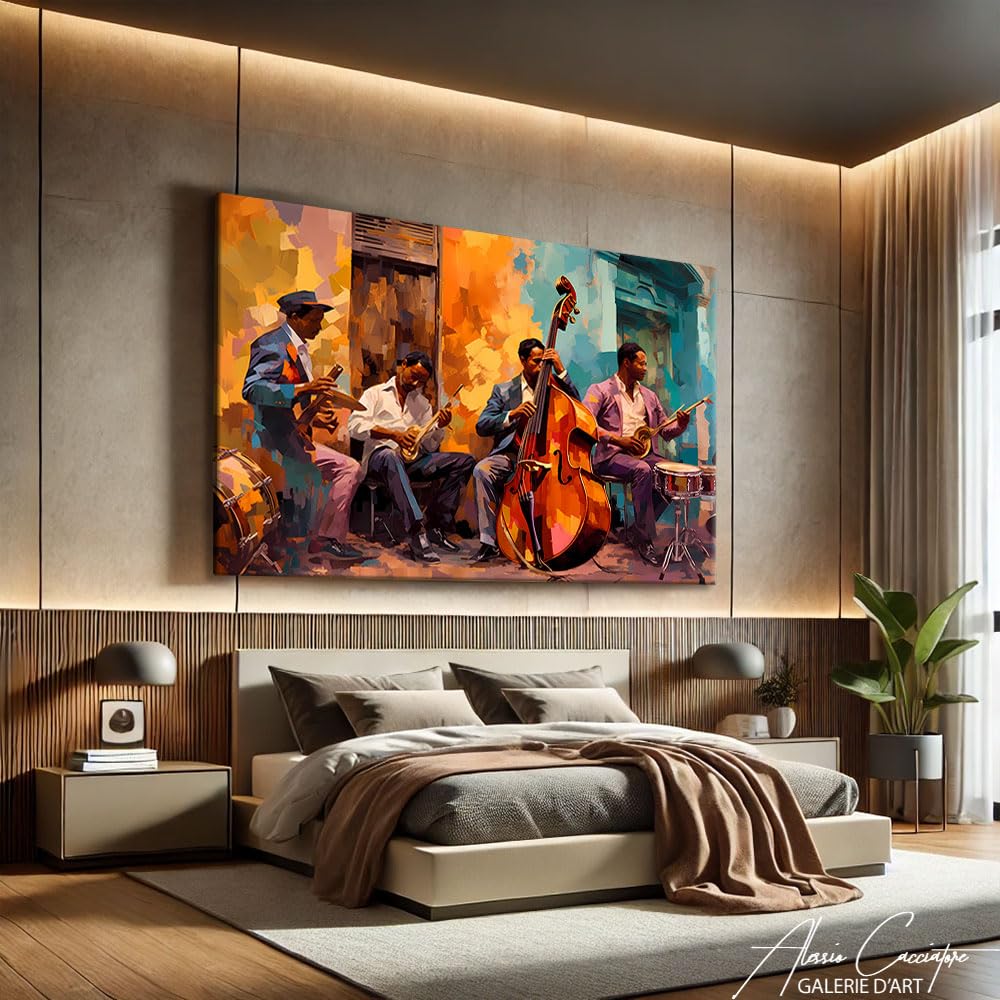 Cuadro musical Jazz – Lienzo de pared musical – Decoración para dormitorio adulto Cocooning mural – Mural – Deco mural de música – Cuadro Jazzmann – Idee regalo para mujer decoración (120 x 80 cm)