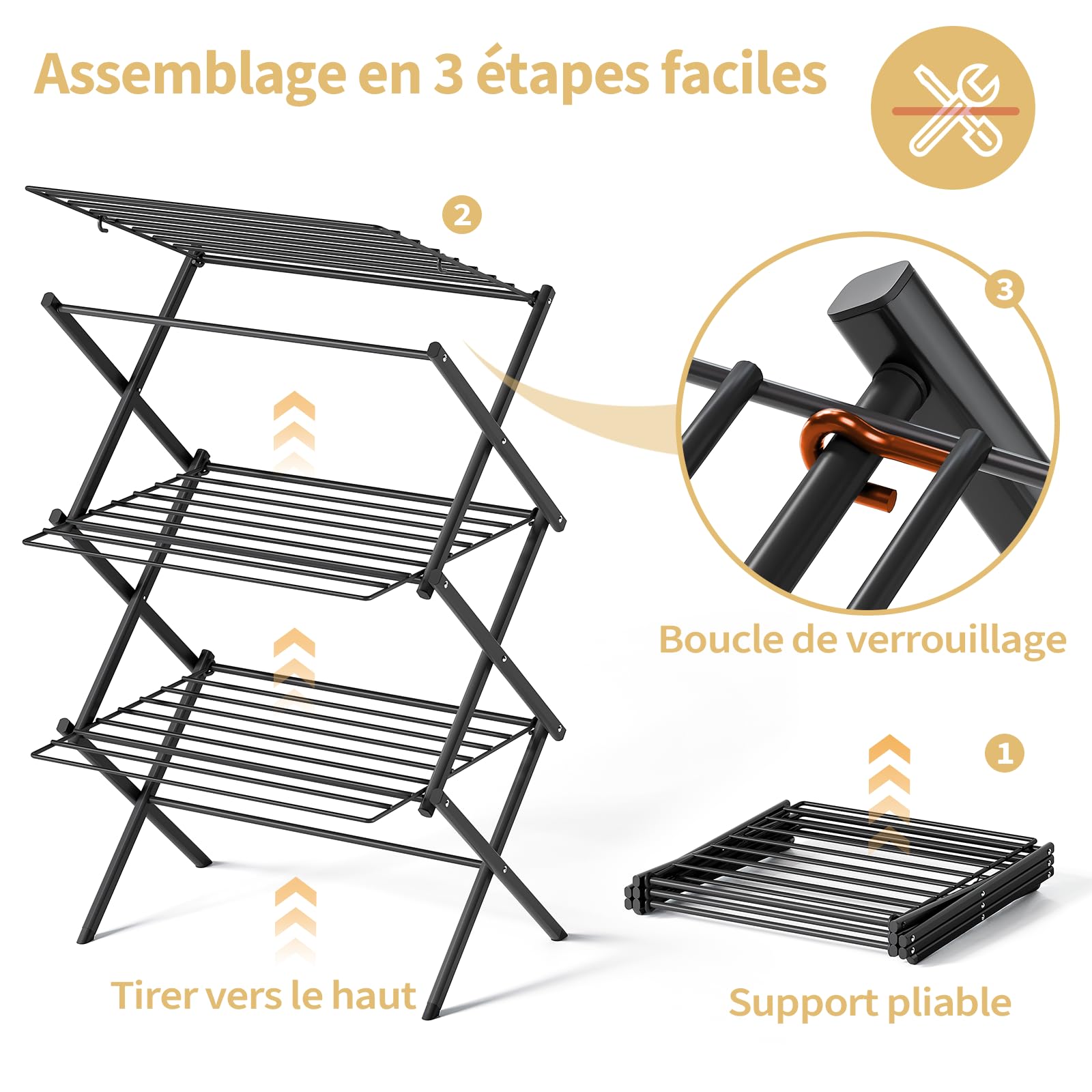 SKYIARIOL Etendoir Linge Interieur Pliable - Sechoir a Linge Pliable 3 Étagères Métallique Extérieur - et Extensible Gain de Place - Sèche Linge Tour - Solide Stable(Noir)