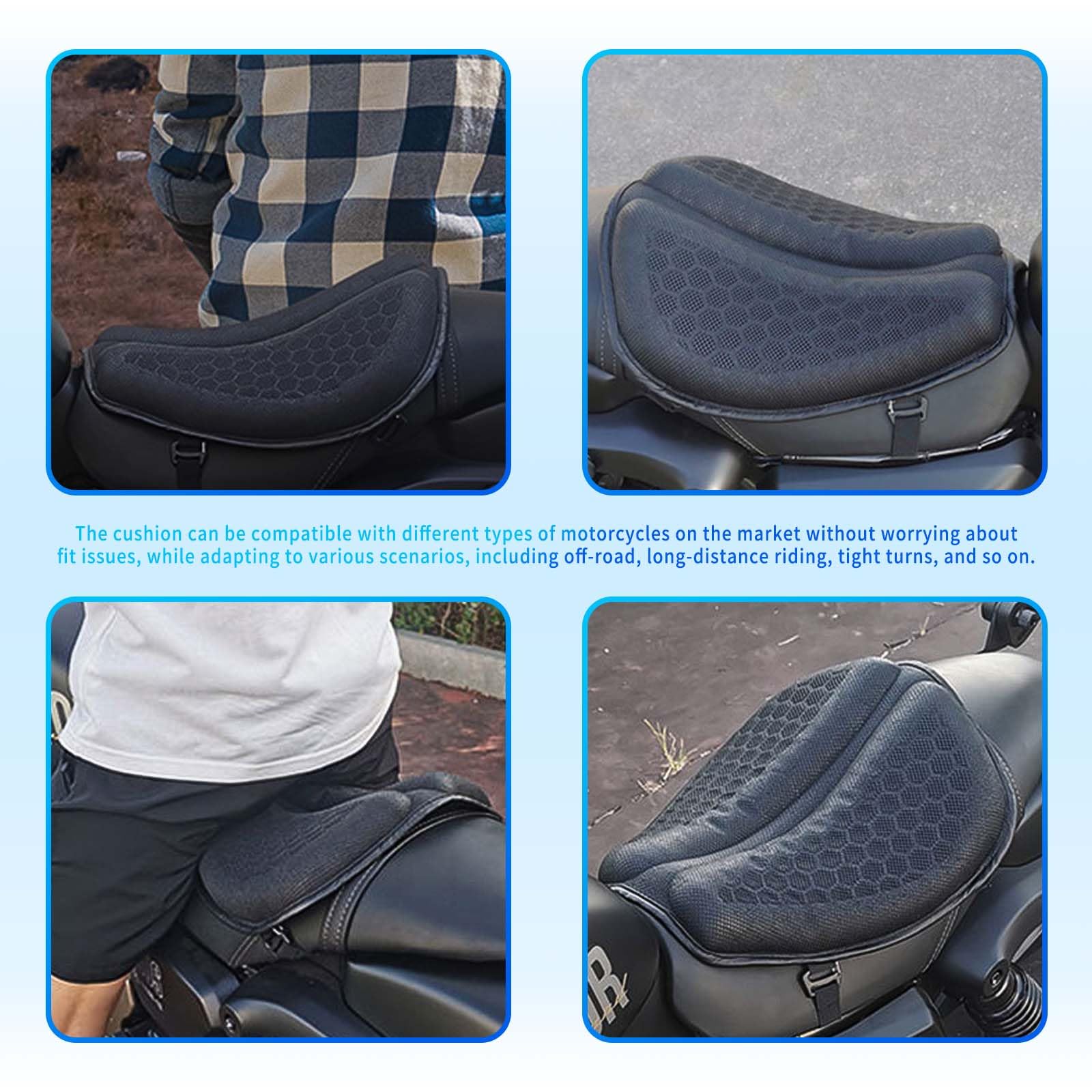 Coussin de siège pliable en gel pour moto, structure en nid d'abeille 3D, fonction imperméable, absorption des chocs, coussin de siège respirant pour les longs trajets