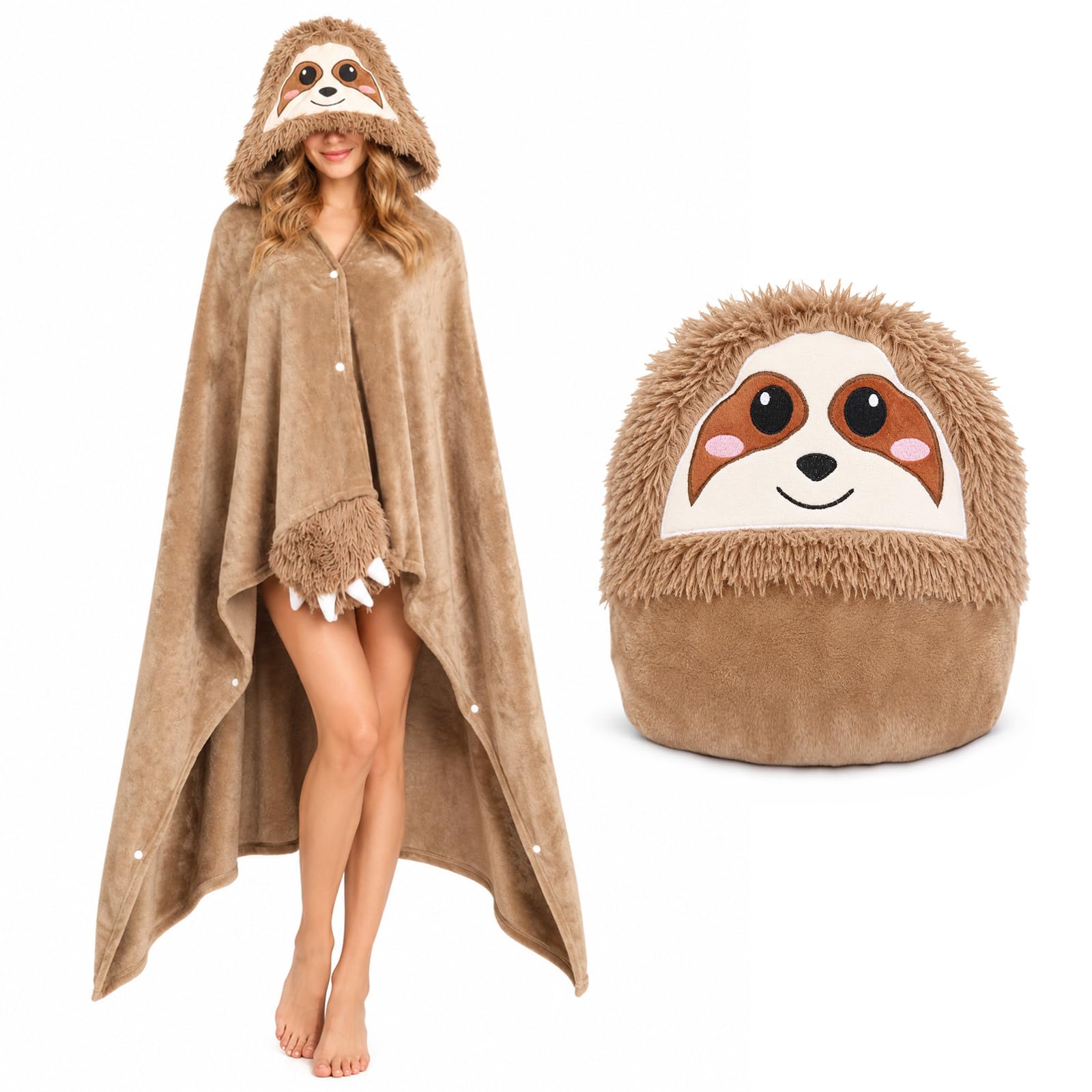 Sloth Wearable Hooded Blanket for Adults - Sloth Oversized Warm Flannel Blanket with Sleeves Hoodie - Sloth Gifts for Women Adults (Brown Sloth)