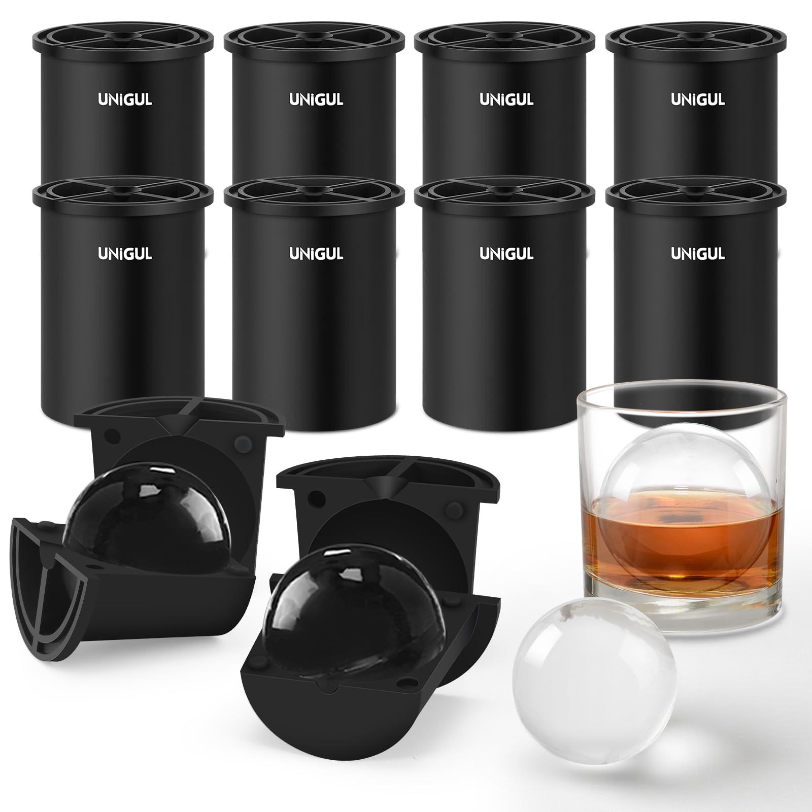 Transparente Eiswürfelbereiter, 6,3 cm, Edelstahl-Eiskugel-Form für Whisky und Cocktails, BPA-freie Premium-Silikon-Eiswürfelformen, leicht zu lösen, Bourbon-Geschenke für Männer (8 Stück)