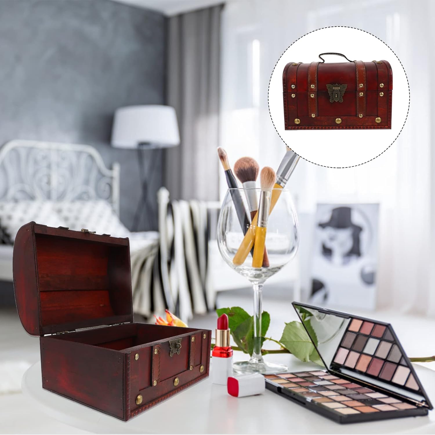 Small Wooden Storage Chest Trunk Decorative Wood Box with Lid Vintage Handmade Storage Box Antique Style Jewelry Organizer Vintage Wooden Treasure Chest Jewelry Box(Dark Red)