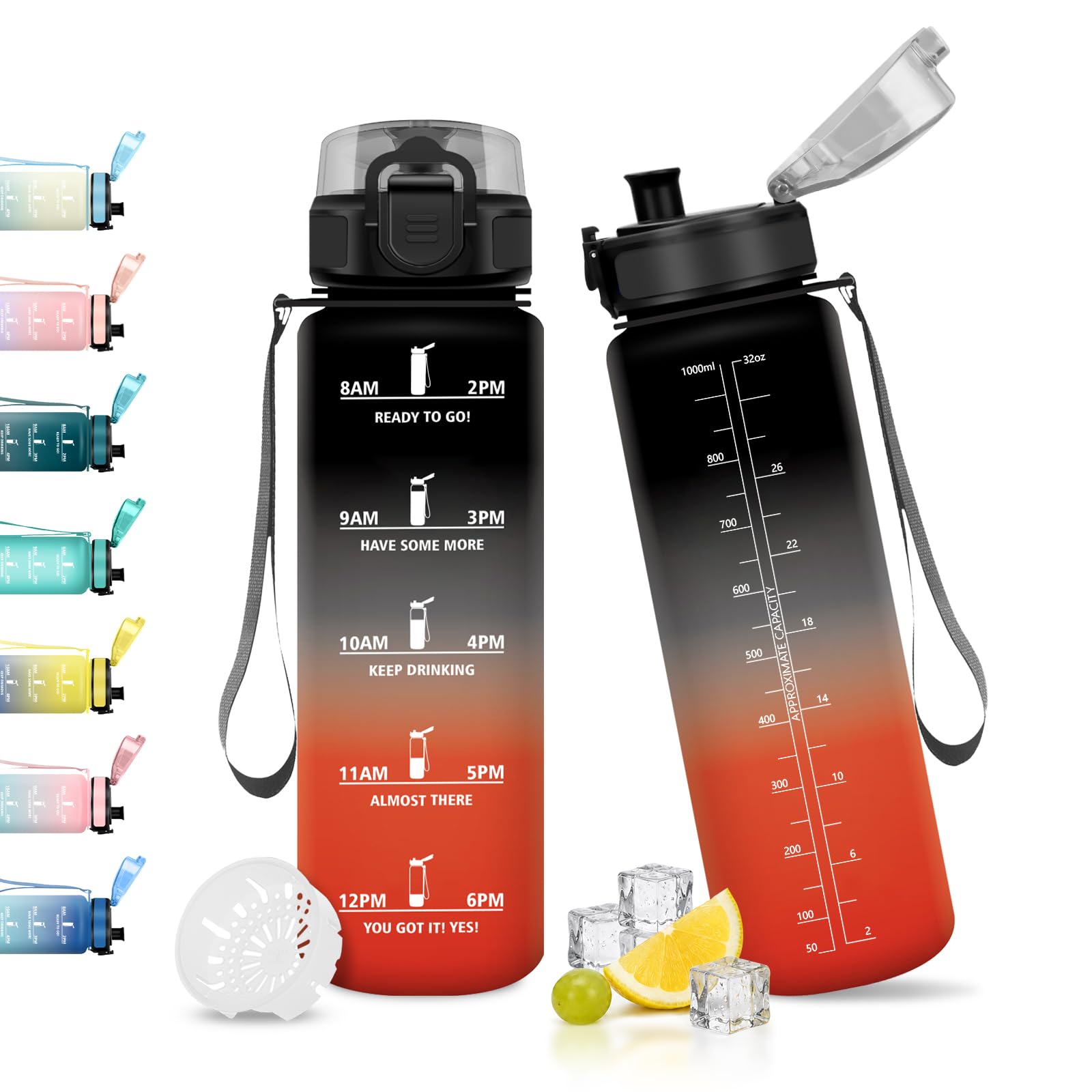 JAPORIA 1L Water Bottle Motivational Water Bottle with Filter Leak Proof Time Scale BPA Free Reusable Yoga Travel Gym