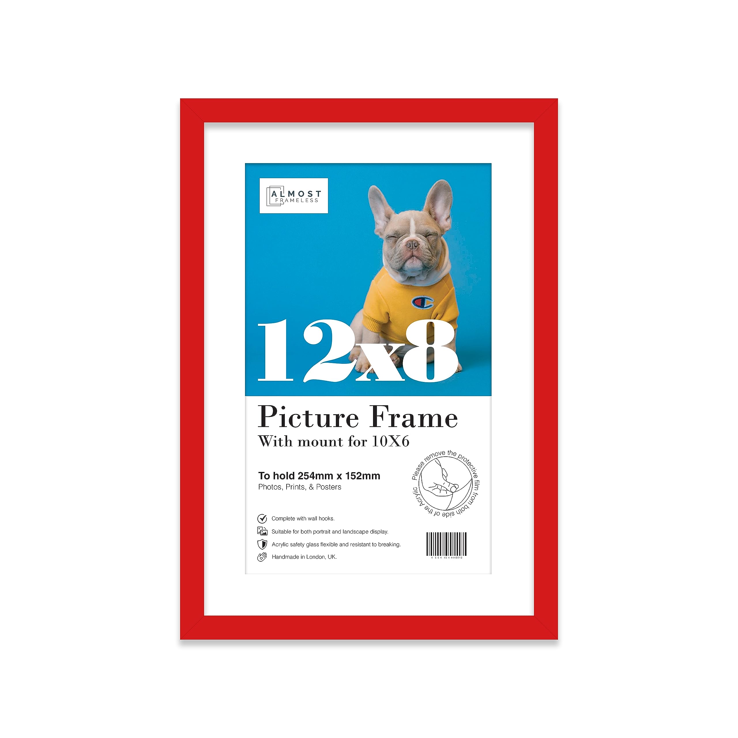 Almost Frameless Red 12X8 Picture Frame With Mount For 10X6 Print, Poster Or Photo Poster, Photo, Artwork, Or Print. Thin Edge Slim Frame Portrait And Landscape Display With Wall Hooks