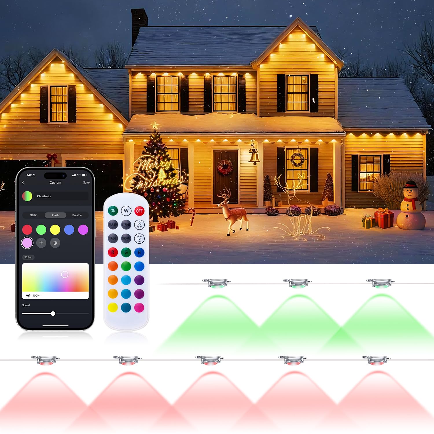 lemonrole 100FT Permanent Outdoor Lights -RGB Eaves Lights with App Control Remote,DIY Scene Modes IP67 Waterproof Outside LED Light for Christmas,