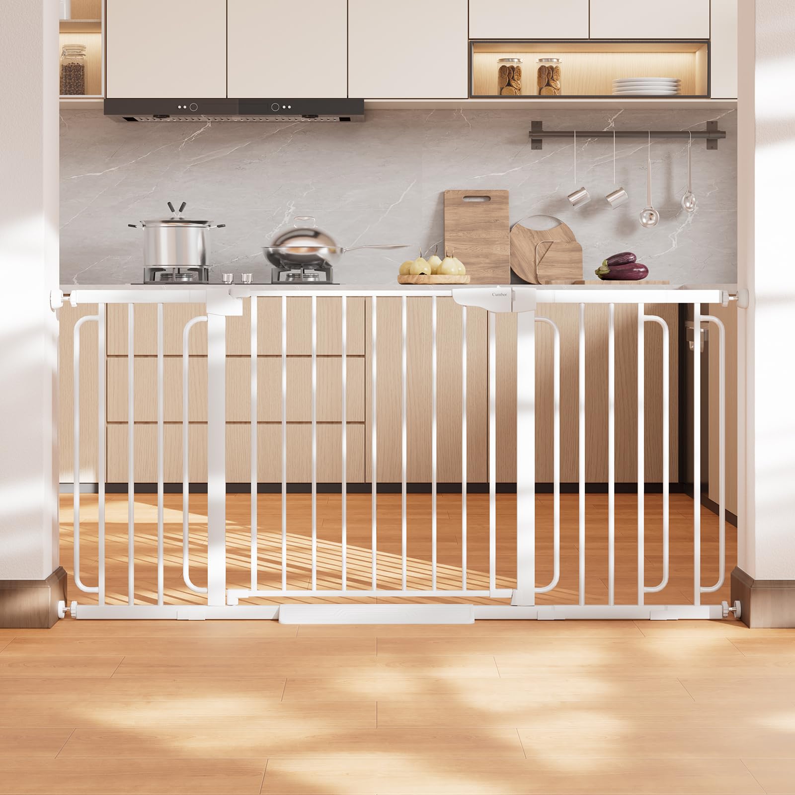 Cumbor 36.6-64 in Extra Wide Baby Gate for Stairs, Dog Gate Indoor, White | Mom's Choice Awards Winner, Double Lock for Doorways, Auto Close Child Gate for Toddler & Pets, Pressure or Hardware Mounted