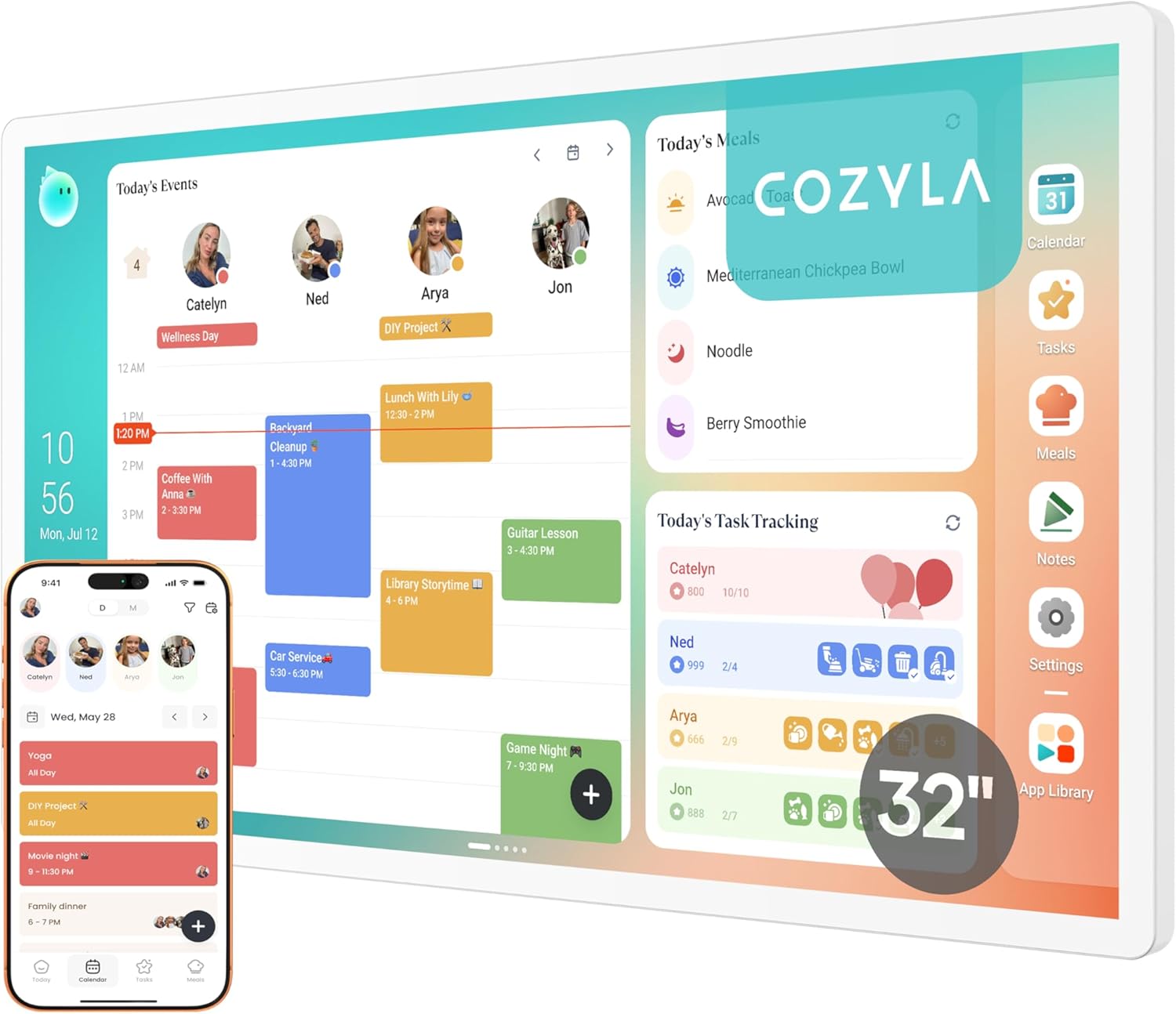 Cozyla Calendar Plus 2: 32" Smart Digital Calendar Wall Touch Screen & No Subscription Family Dashboard, Electronic Display for Family System- Chore Chart, Meal Planner, Support App Store Wall Mount