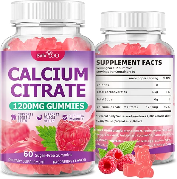 High Absorption Calcium Citrate Gummies 1200mg - Bone & Teeth Support for Adults & Kids, Vegan, Non-GMO, Sugar-Free Gummies, Raspberry Flavor, 60 Count