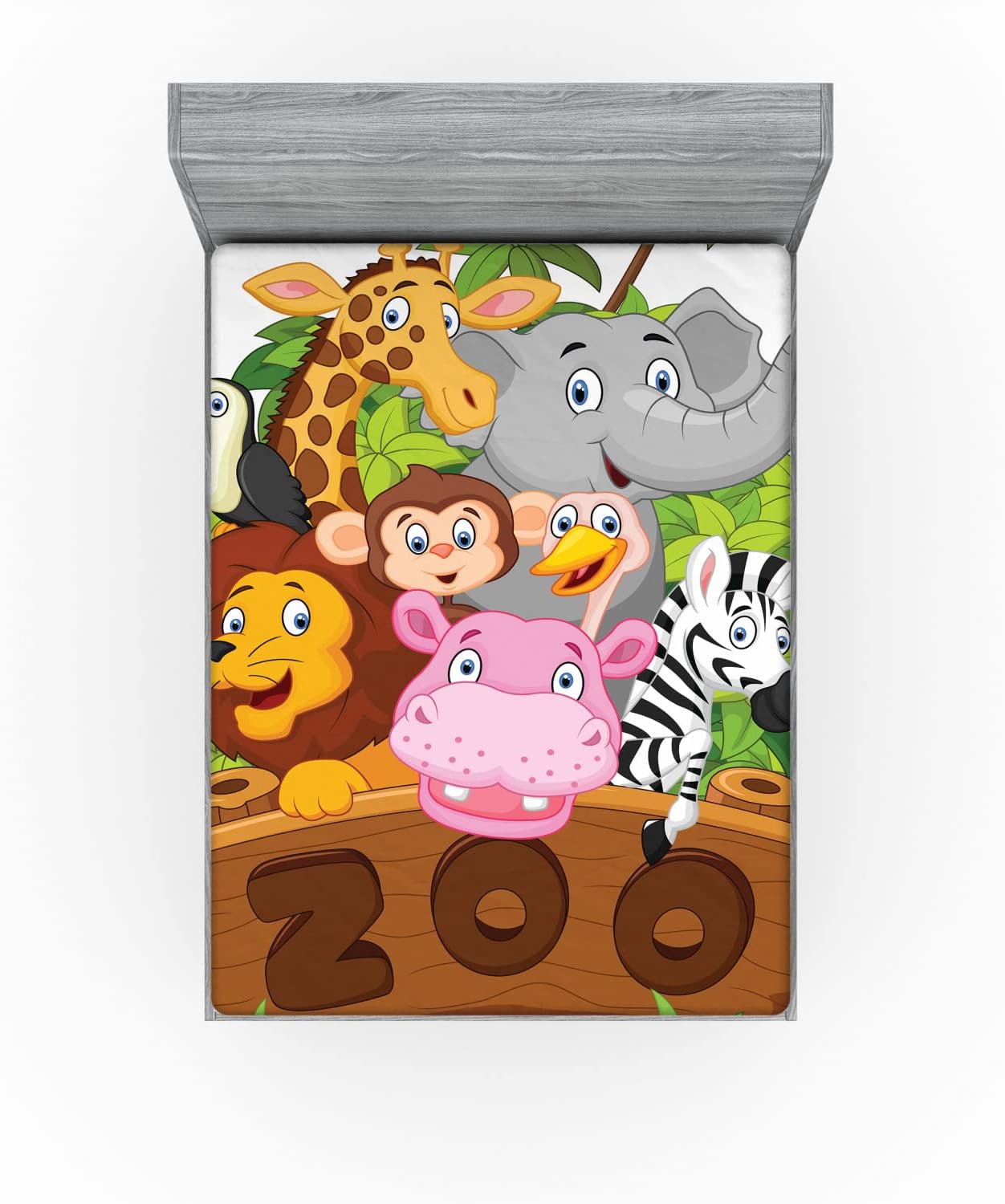Ambesonne Zoo Fitted Sheet, Cartoon Style Pattern of Several Happy Animals of Zoo Fresh Plants Grass Trees Cheerful, Bed Cover with All-Round Elastic Deep Pocket for Comfort, Queen Size, Multicolor