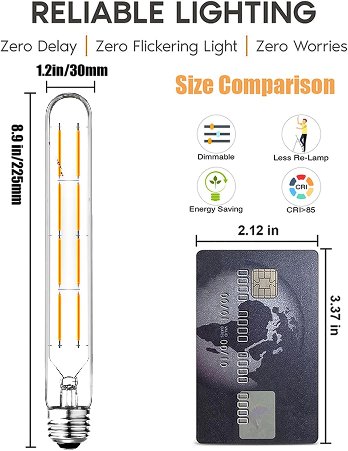 8.9inch E26 LED Bulbs 8W Dimmable E26 Tubular Light Bulb 2700K Warm White 75 Watt T10 Vintage Edison LED Filament Bulb 800lm E26 Base Long Tube Bulb,Pack of 4