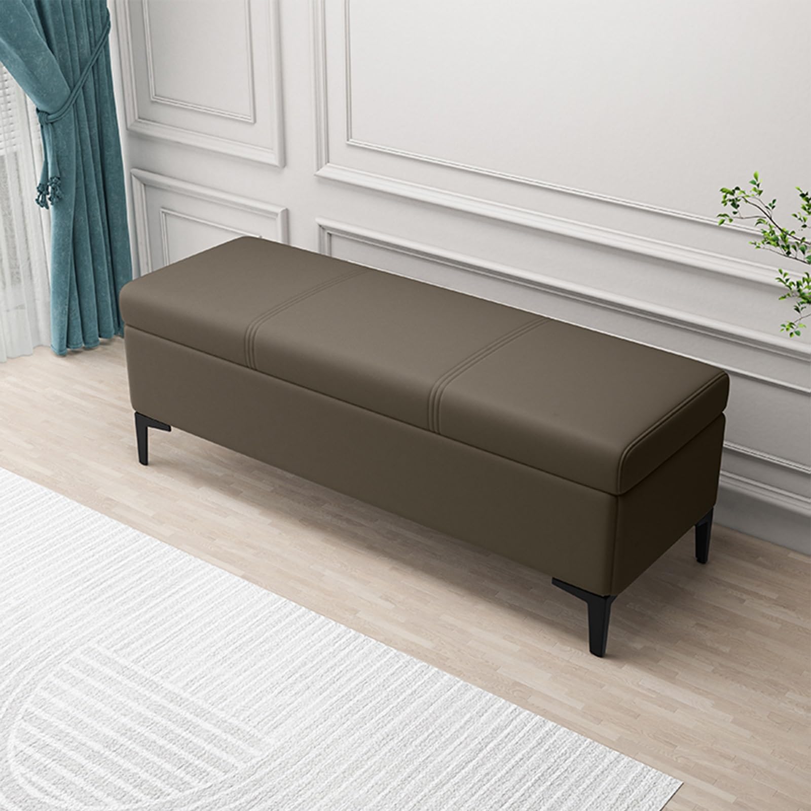 Repose-pieds rembourré extra-long avec rangement en similicuir café pour salon