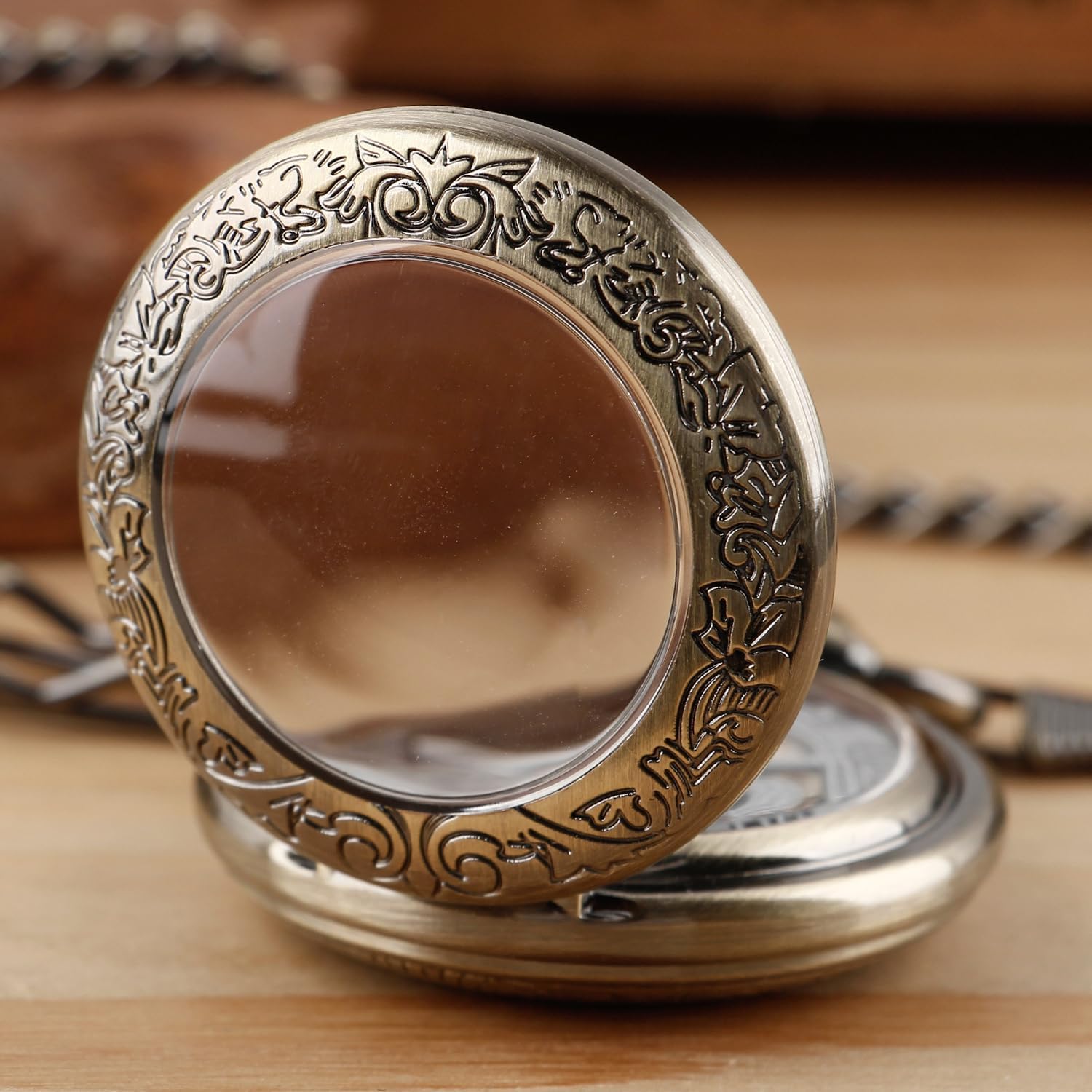 Tiong Orologio da tasca meccanico in bronzo con copertura trasparente, movimento meccanico da uomo, quadrante con numeri arabi, orologio da tasca con apertura singola