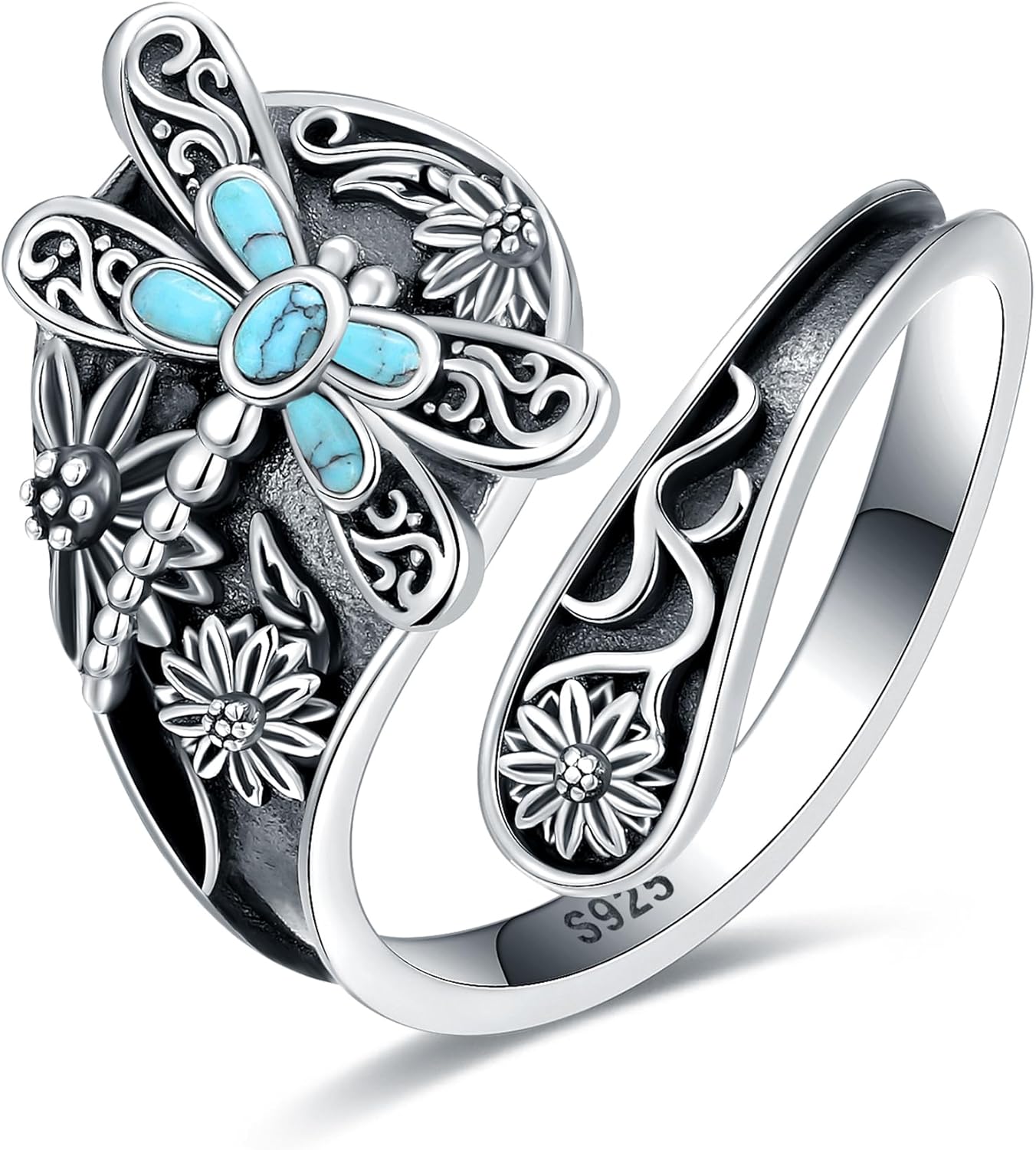 Turquoise Jewelry for Women - Sterling Silver Turquoise Rings Vintage Adjustable Sunflower Dragonfly Butterfly Spoon Ring Victorian Style Boho Antique Flower Thumb Statement Rings Jewelry Gifts for Women