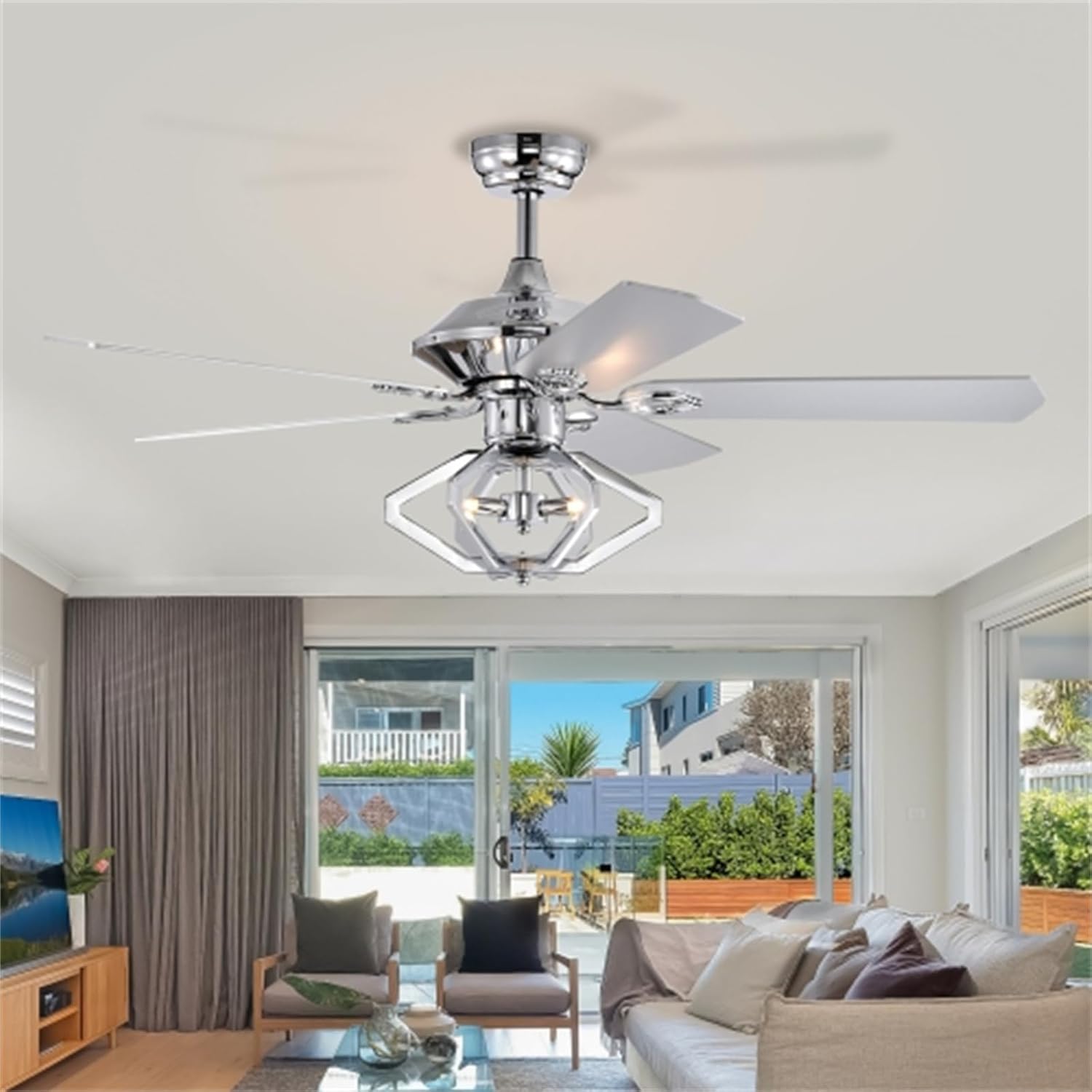 52 inch double wood 5 blade crystal ceiling fan, ceiling fan light, ceiling fan with light, lighting and blowing in one, reversible fan with remote control, suitable for living room bedroom