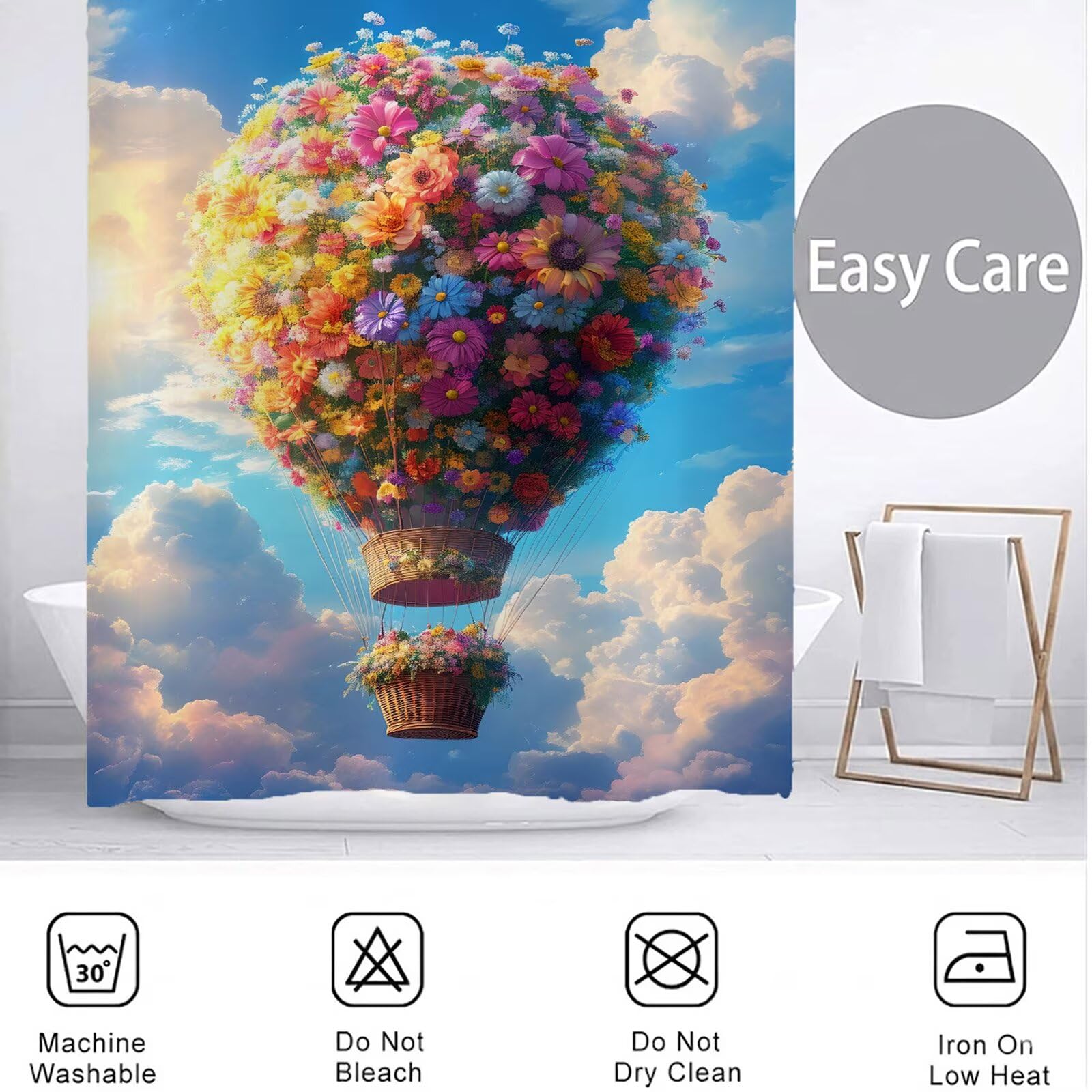 Duschvorhang 180x240 cm Blume Shower Curtains Heißluftballon mit Gewicht und 12 Haken, Anti Schimmel Wasserdicht, Waschbar Schnelltrocknender Polyester Stoff, Dekorative Vorhang für Badewanne 6H-263