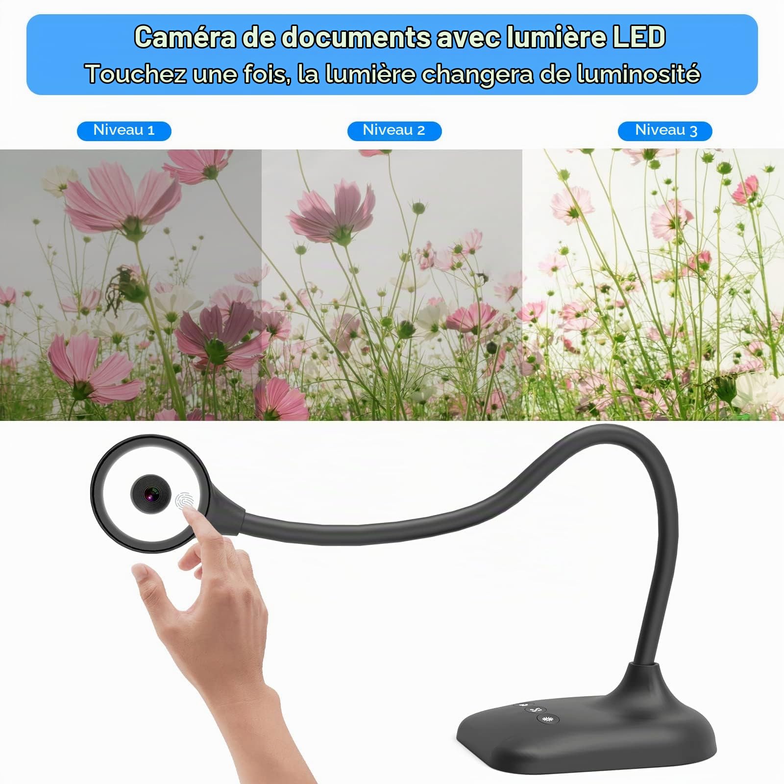 Visualiseur, Caméra Document pour Lumières LED à 3 Niveaux, iOS à 5 Niveaux, Inversion d'image, Pliage avec Zoom, Skype, Teams, OBS. pour l'enseignement à Distance, Démonstration en Direct