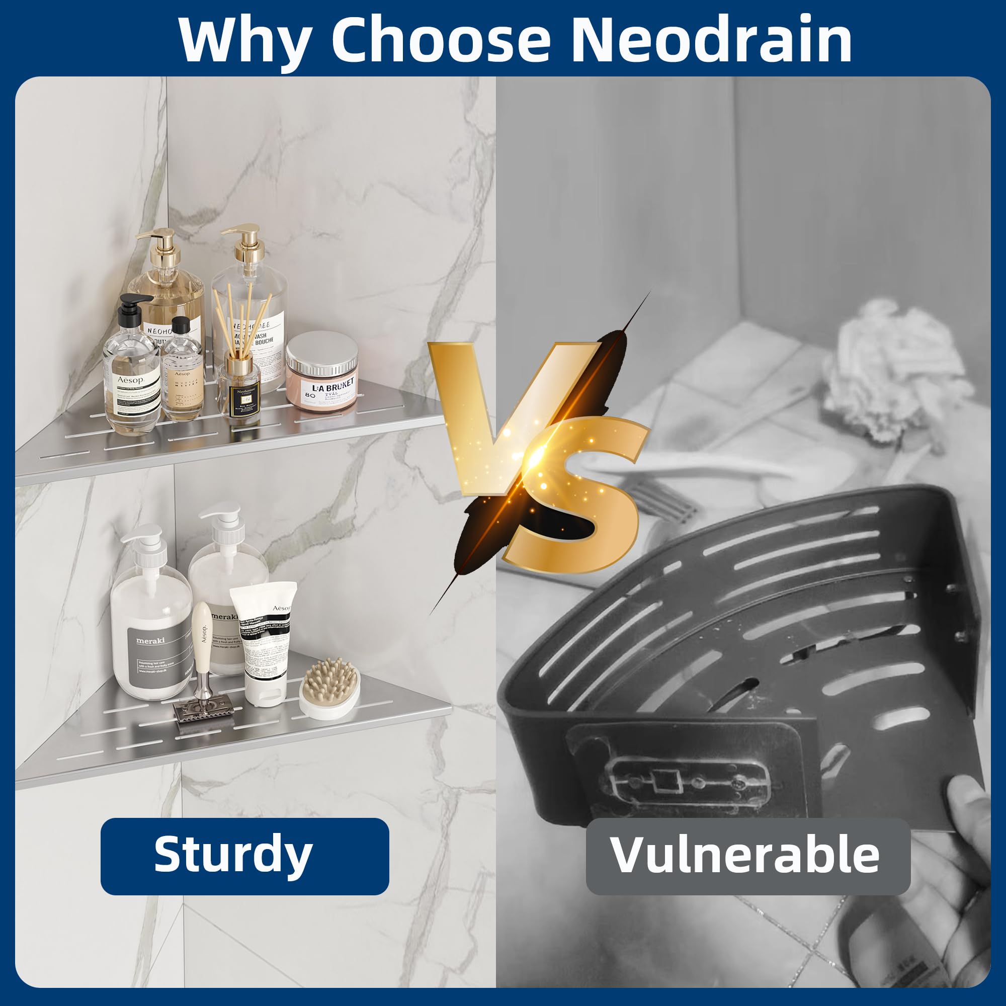 Neodrain Corner Shower Shelf 304 Stainless Steel Shower Shelf No Drilling 305 mm Shower Basket Space Saving for Tiled Walls Corner Shelf for Bathrooms and Kitchens - Image 4