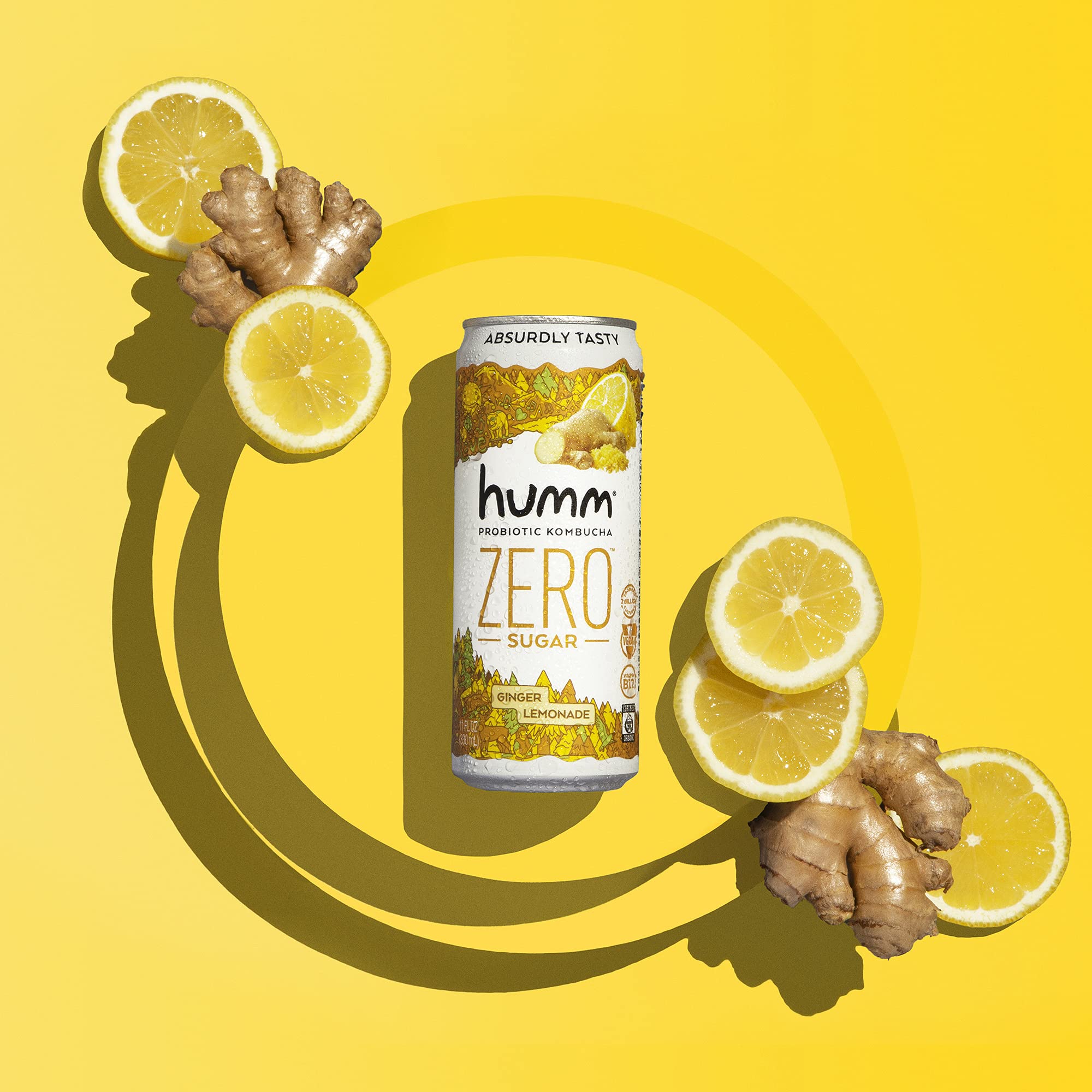 Humm Probiotic Kombucha Zero Sugar Ginger Lemonade No Refrigeration Needed, KetoFriendly