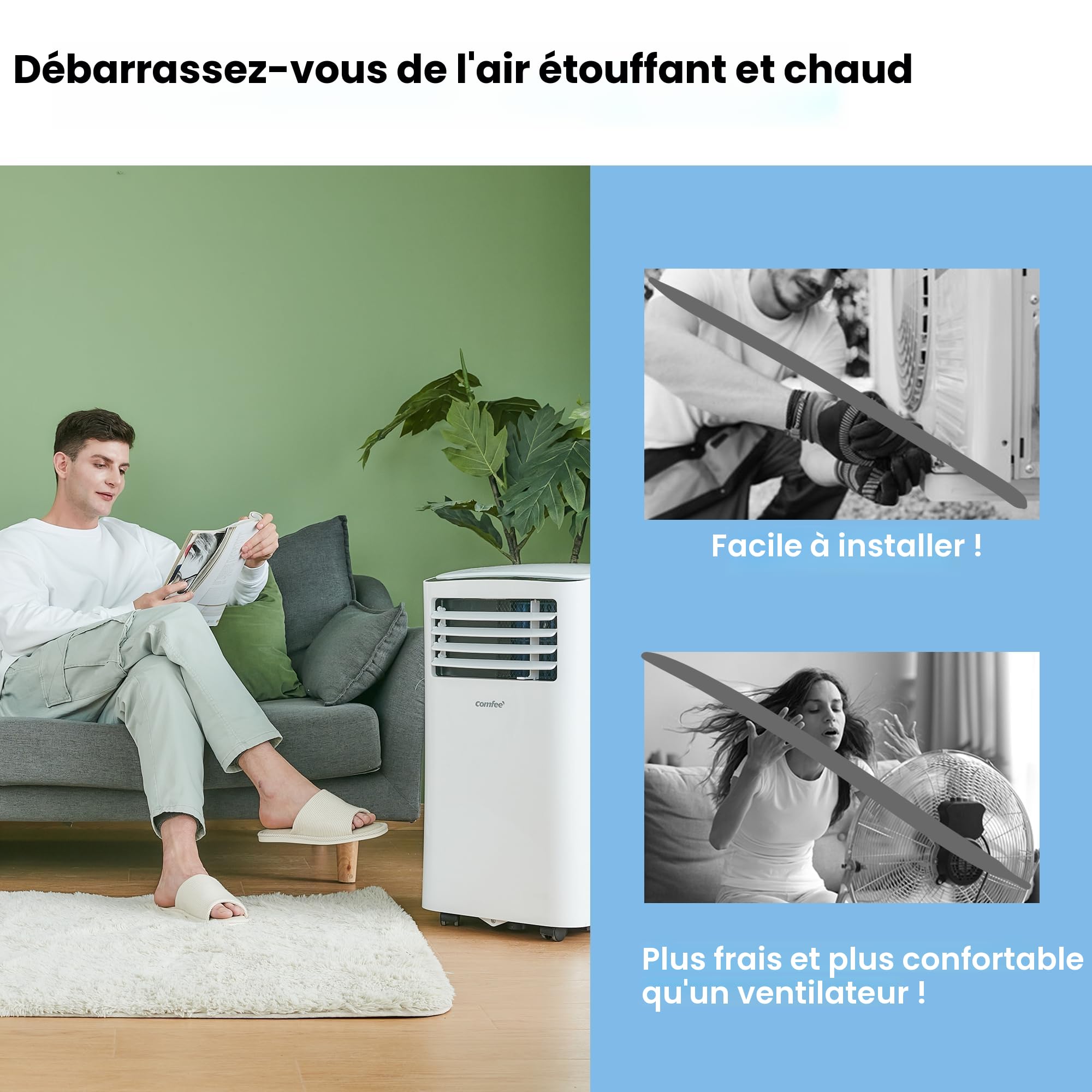 Comfee Climatiseur Mobile Portable 9000 BTU/h 2,6kW, 3-EN-1 Refroidisseur Déshumidificateur Ventilateur, Follow me, Minuterie, Mode nuit, Pour salon et maison de 33㎡/88m³, MPPH-09CRN7, EEK A, R290