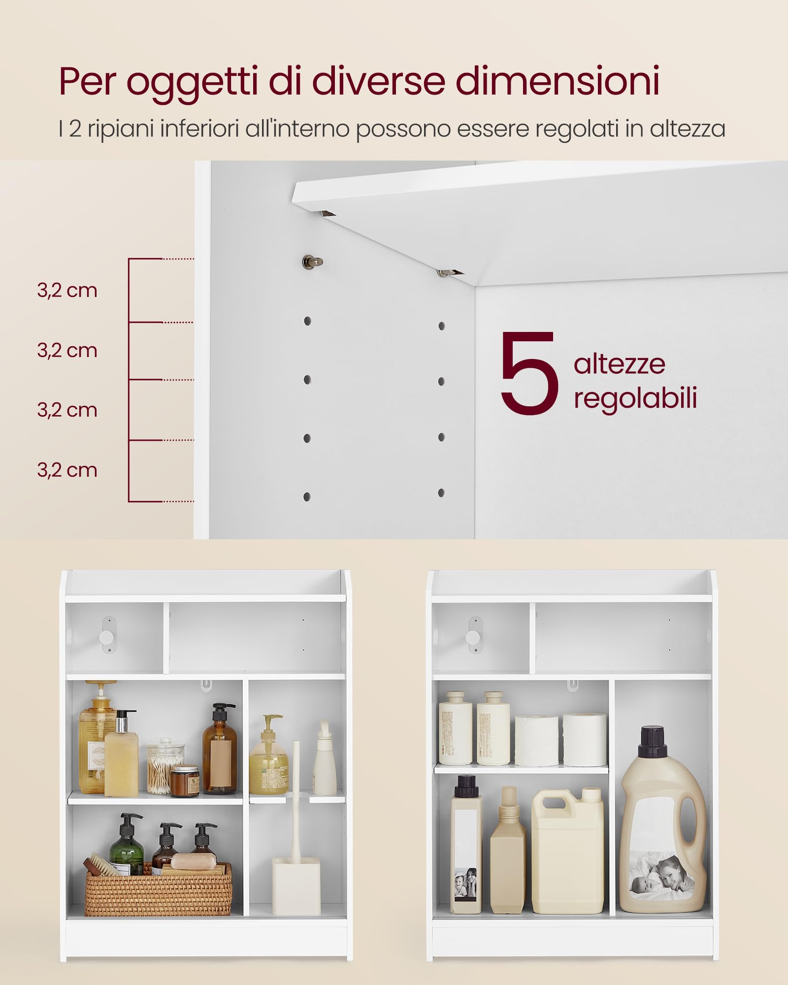 VASAGLE Mobile Bagno, Mobiletto Bagno Salvaspazio, Porta Carta Igienica e Scomparto per Scopino, Ante Scorrevoli, Ripiani Regolabili, accanto al WC, 20 x 60 x 80 cm, Bianco Nuvola BBC752W01