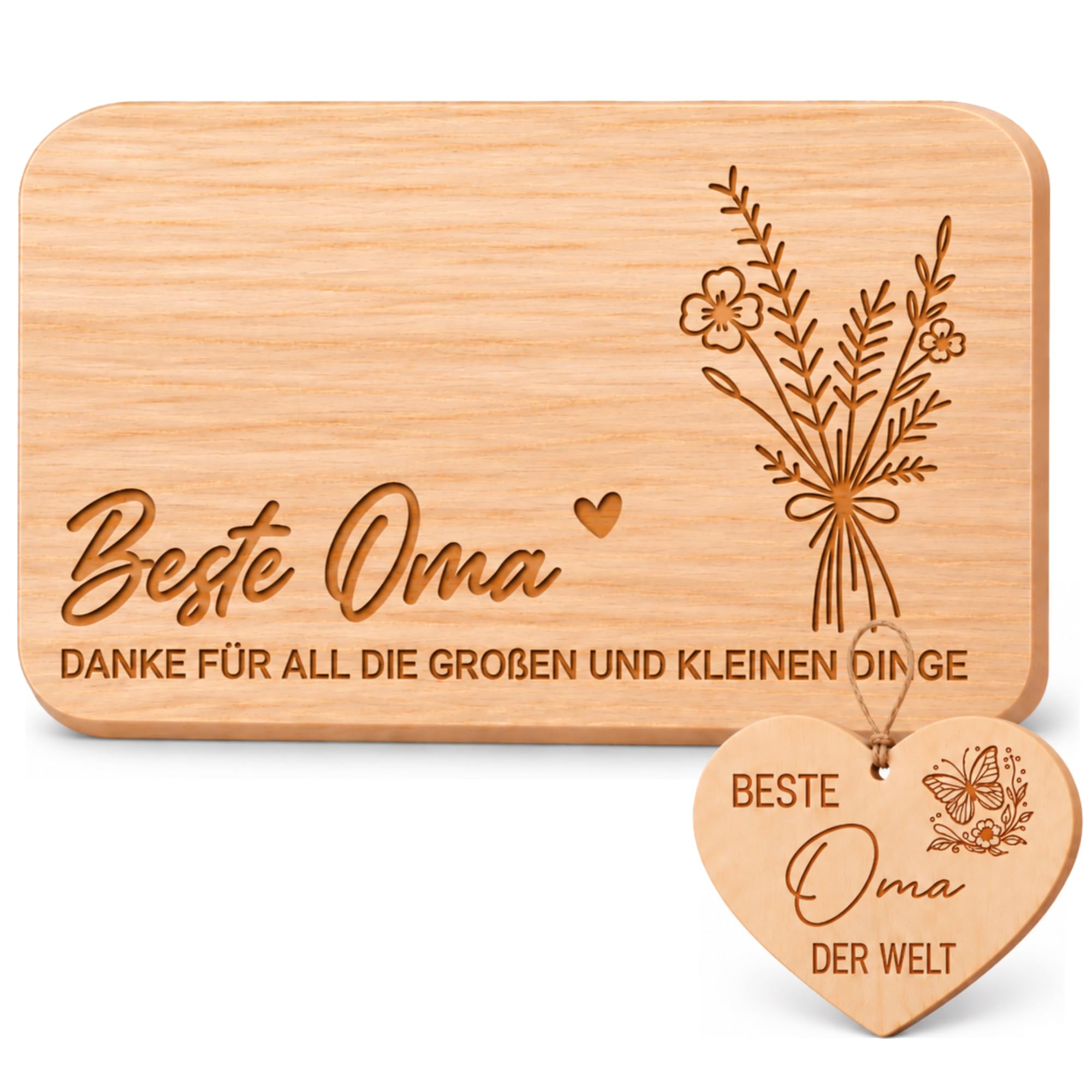 Oma Geschenk, Geburtstagsgeschenk für Oma Frühstücksbrettchen mit Gravur | Geburtstag Weihnachten Muttertag Ostern Valentinstag Danke Geschenk für Beste Oma, Brotzeitbrett Herz Set für Frauen