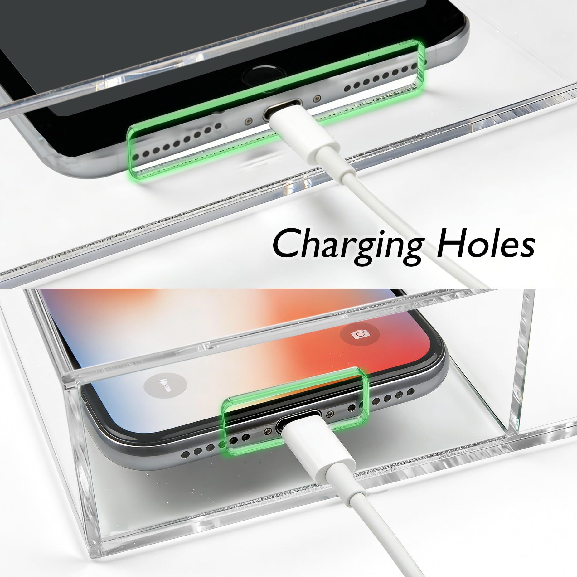 Soporte acrílico para teléfono montado en la pared con agujeros de carga, soporte de control remoto de pared de 2 compartimentos para tablet, iPad, Kindle, portátil, transparente