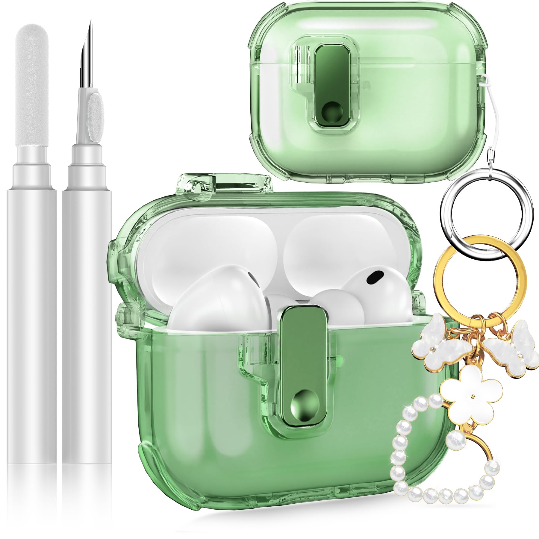 Fotbor for AirPods Pro 3 2025 Case with Secure Lock, Soft Clear TPU Cover with Earbuds Cleaner &amp; Cute Girly Keychain, Anti-Scratch [Airbag] Military Grade Drop Protection - Green