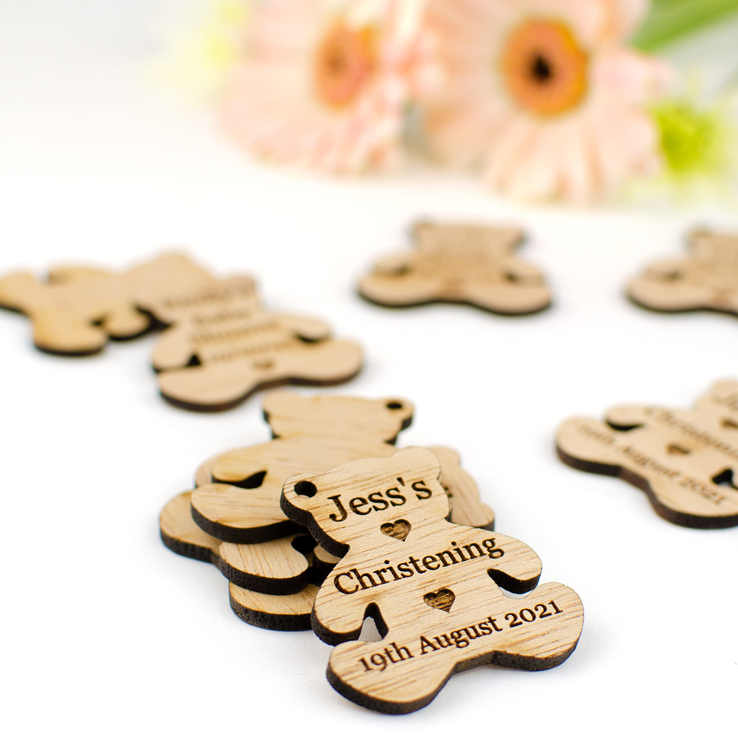 Personalised Wooden Teddy Bear Favours - Gift for Guests at Christenings, Baby Showers, Weddings, Birthdays or Any Other Occasion - Party Decoration Keepsake.