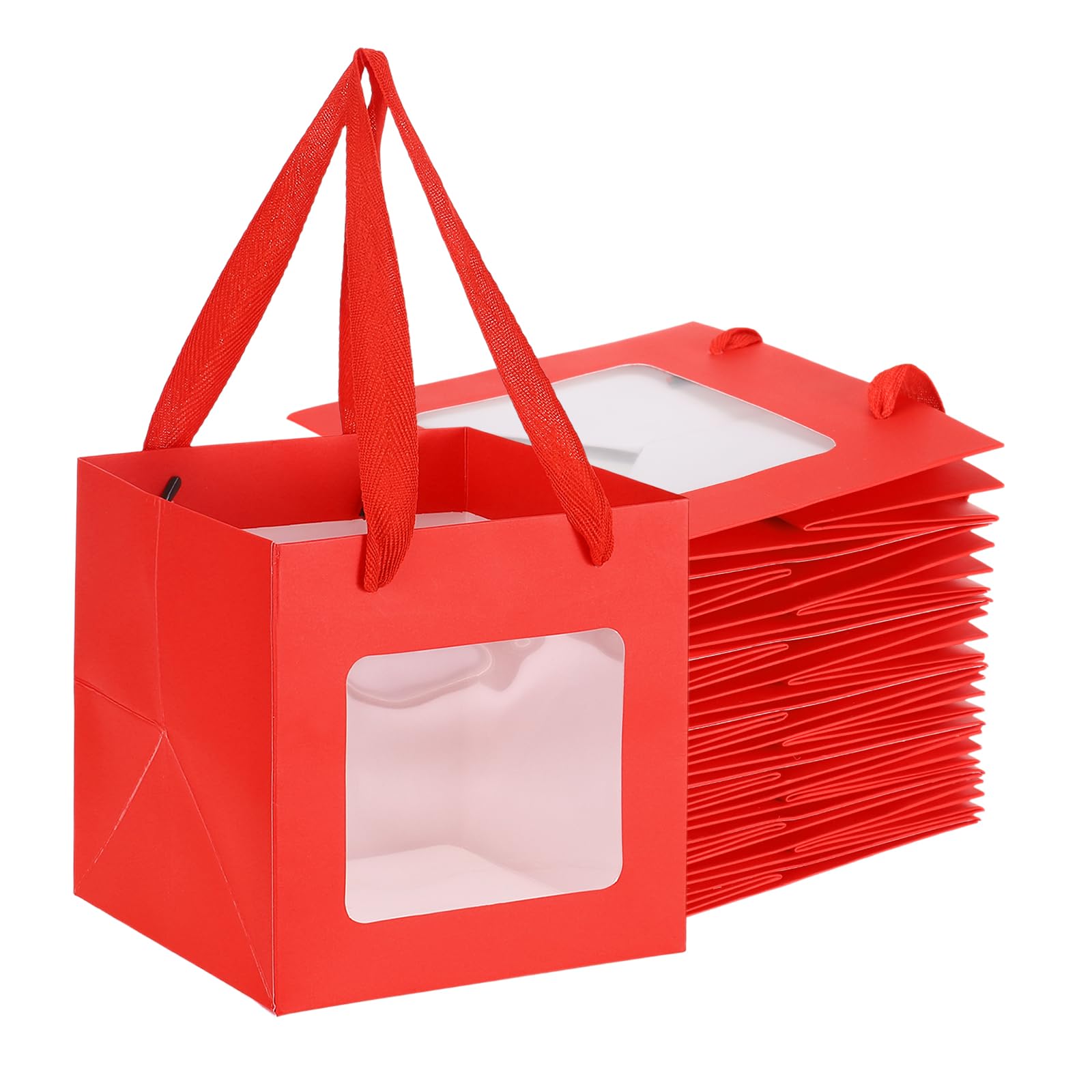 PATIKIL Gift Bags with Clear Window, (15cm x 15cm x 15cm, Red)(12 Pcs), Gift Wrap Bags with Handles, Suit for Wedding/Birthday/Bridesmaid/Party/Shopping