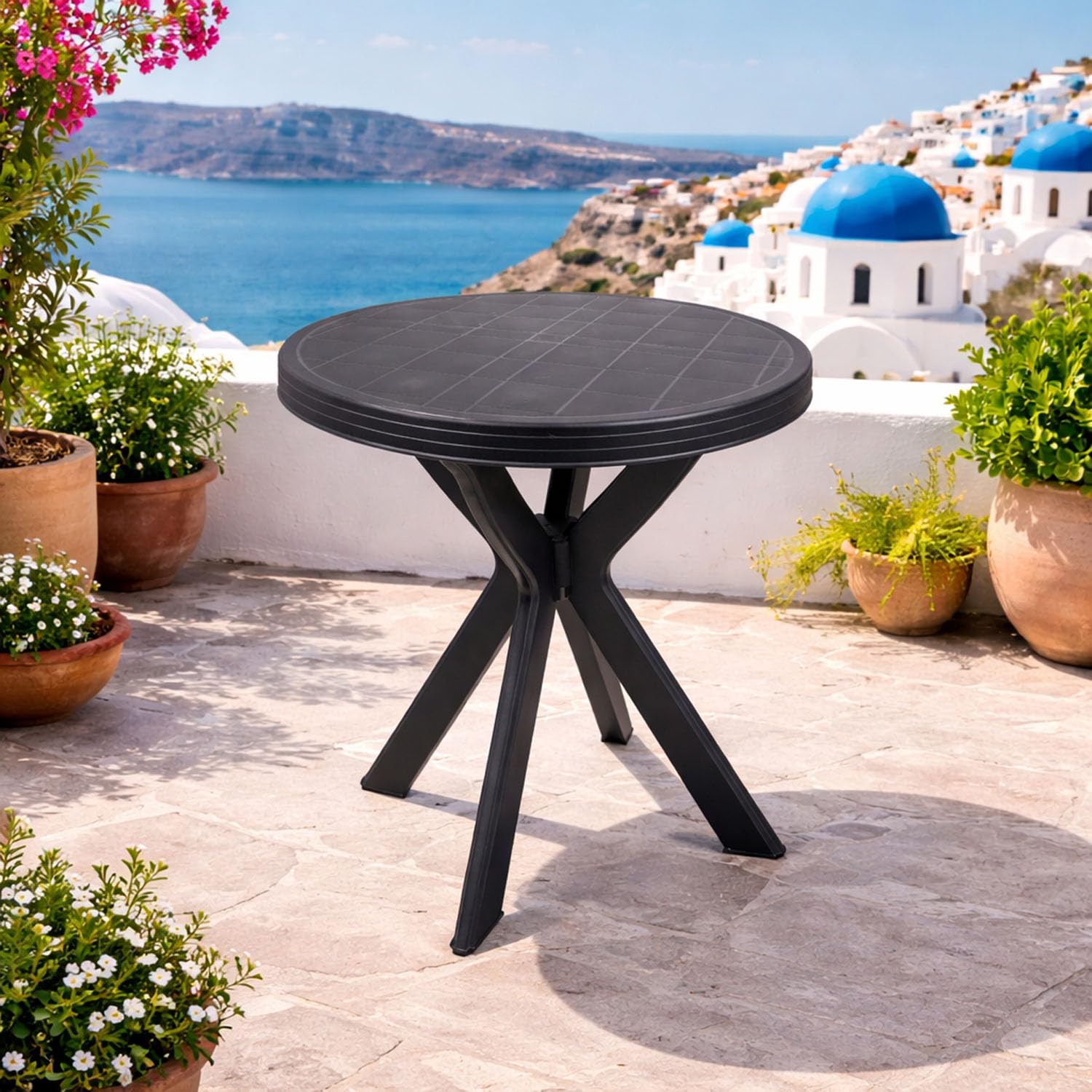 Mojawo Table de jardin pratique - En plastique - Diamètre : 70 cm - Anthracite - Ronde - Pour balcon, bistrot, terrasse