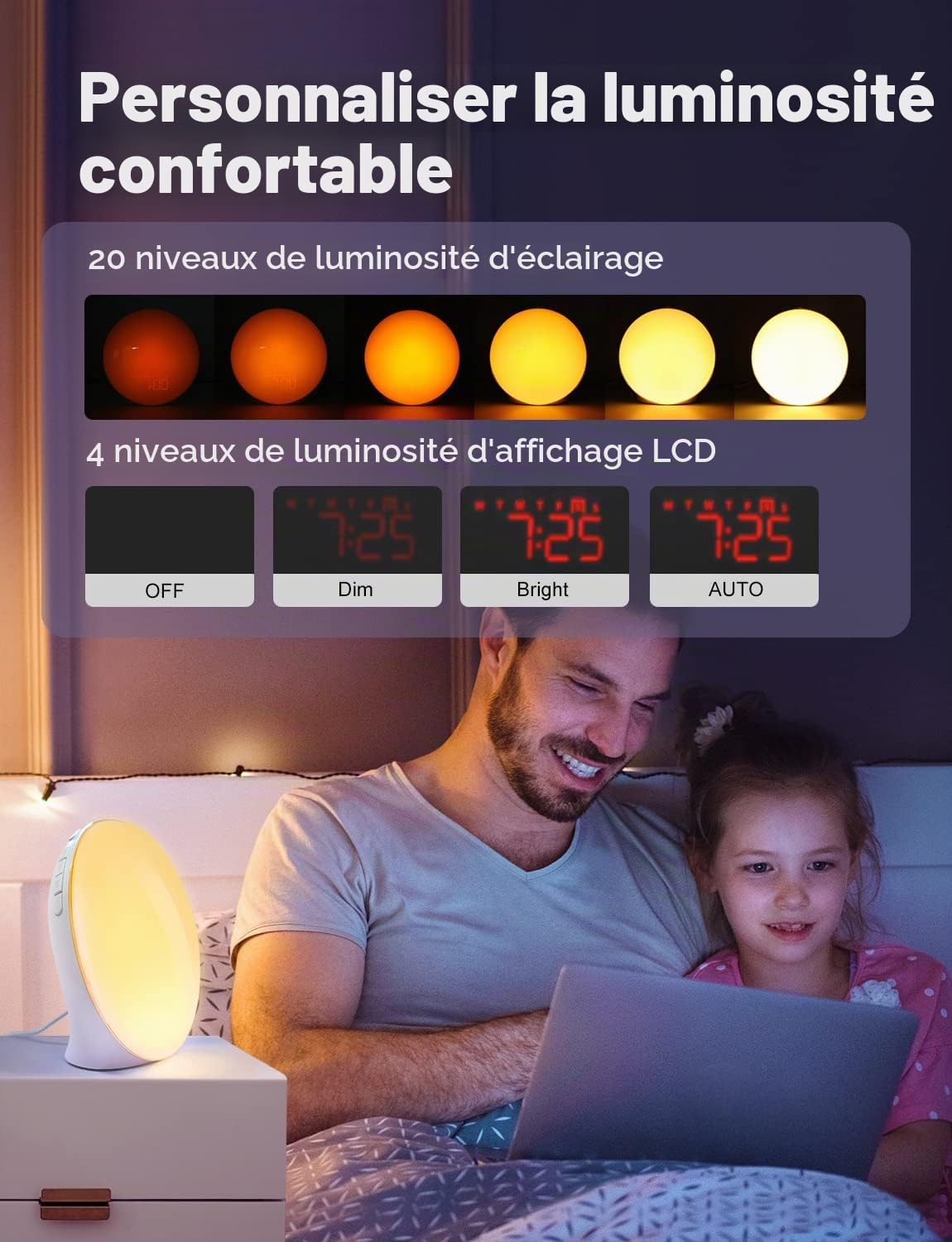 Dekala Réveil lever du soleil avec lumière de réveil – Double alarme, simulation du lever du soleil et du coucher du soleil, radio FM, 7 sons naturels, écran tactile plein écran, horloge de chevet