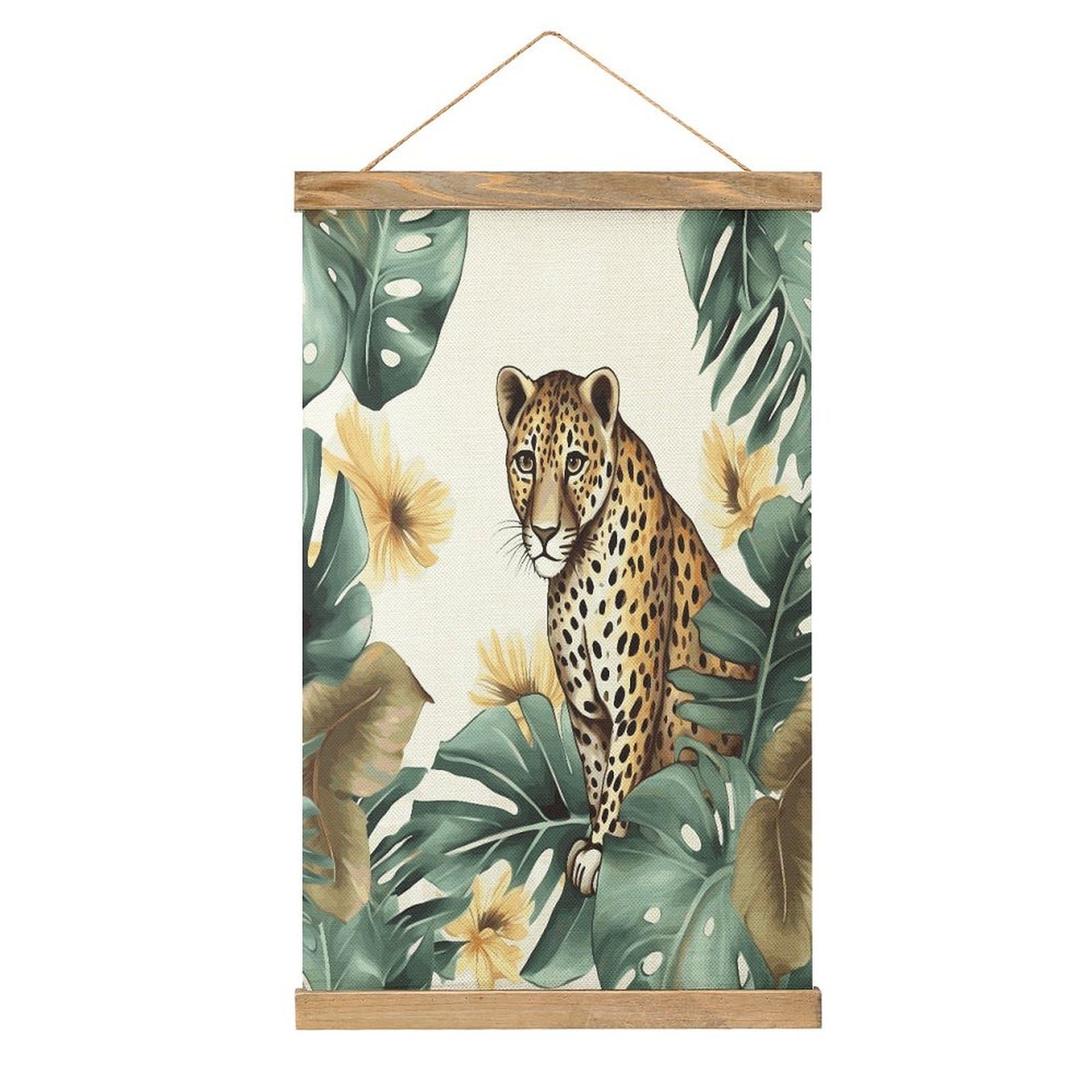 JTREHY Leopard And Palm Leaves Linen Hanging Painting Vintage Poster Wall Art Prints Personality Style Wall Hanging Poster for Living Room Office Bedroom Decor Frame 13.2 X 20.47 Inch