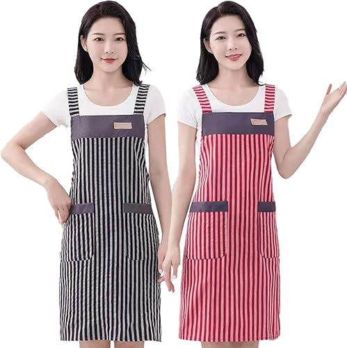 2 delantales de algodón para mujer, delantales minimalistas a rayas con bolsillos adecuados para cocina, tareas del hogar (color aleatorio),