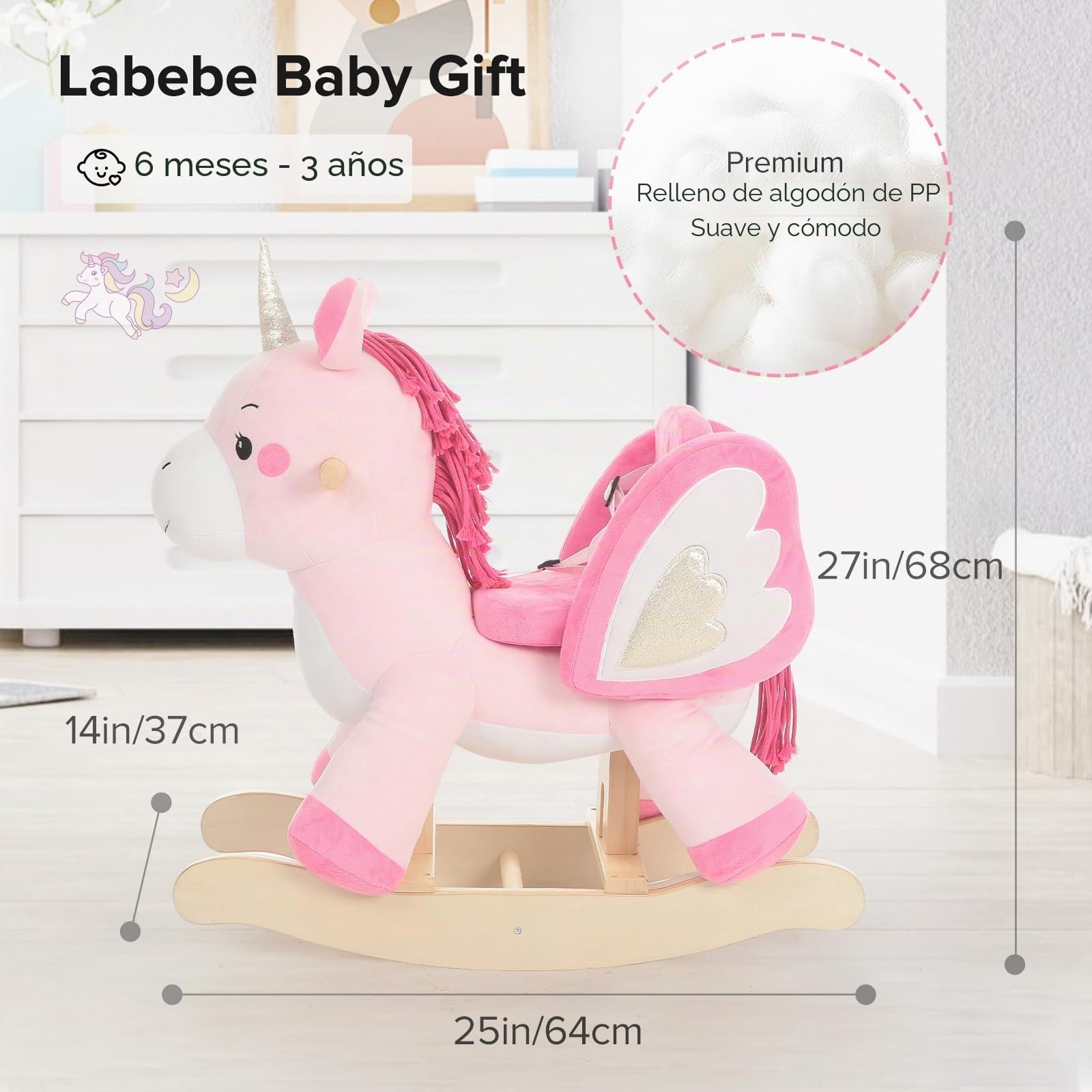 Labebe - Unicornio Rosa Mecedora Caballo Balancín para Niña 1-3 Años, Juguete de Madera y Peluche con Columpio