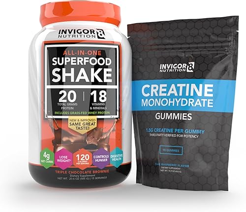 Invigor8 Paquete completo de recuperación muscular, batido de superalimento de chocolate + gomitas de creatina, músculo magro, energía y apoyo para