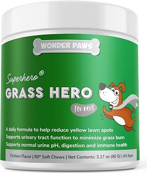 Wonder Paws Grass Hero، Grass Burn Spot Chews يعمل على تحييد البول لمنع ظهور بقع صفراء على العشب، منظف العشب لبول الكلاب، علاج البقع وصحة البول، 60 مضغة ناعمة من التوت البري والميثيونين
