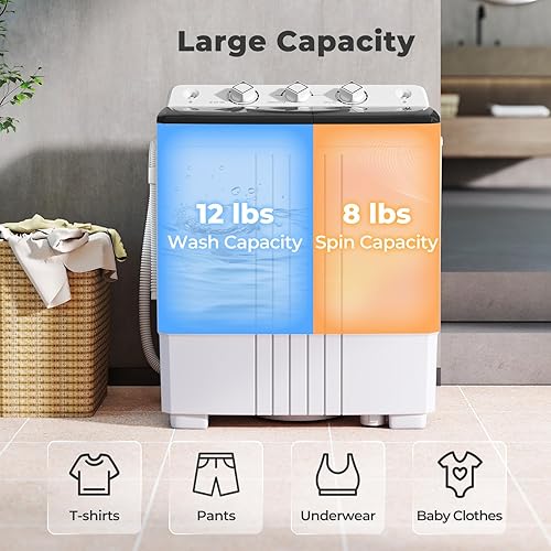 Miniatura 2 de Giantex Lavadora portátil, lavadora de 20 libras con bomba de drenaje integrada y control de tiempo, doble bañera compacta de 12 libras de lavado y