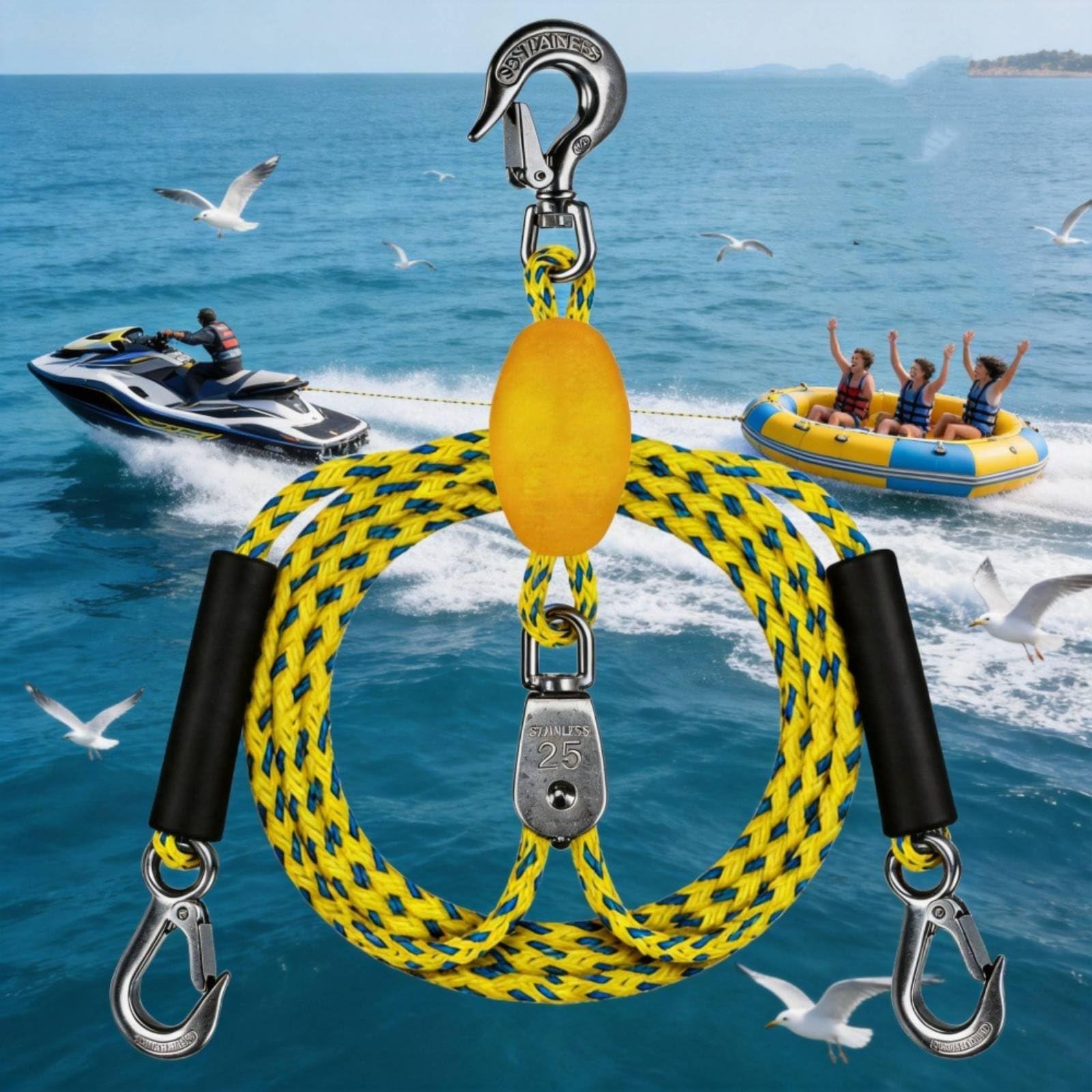 Gralara Corda Traino Barca Cavo Rimorchio Fune Trazione Fune Galleggiante con Ganci Acciaio Inossidabile E Linea con Gancio, Corda Da Traino 2.4m Con Doppio Gancio, Maniglia Nera E Corda Gialla E Blu