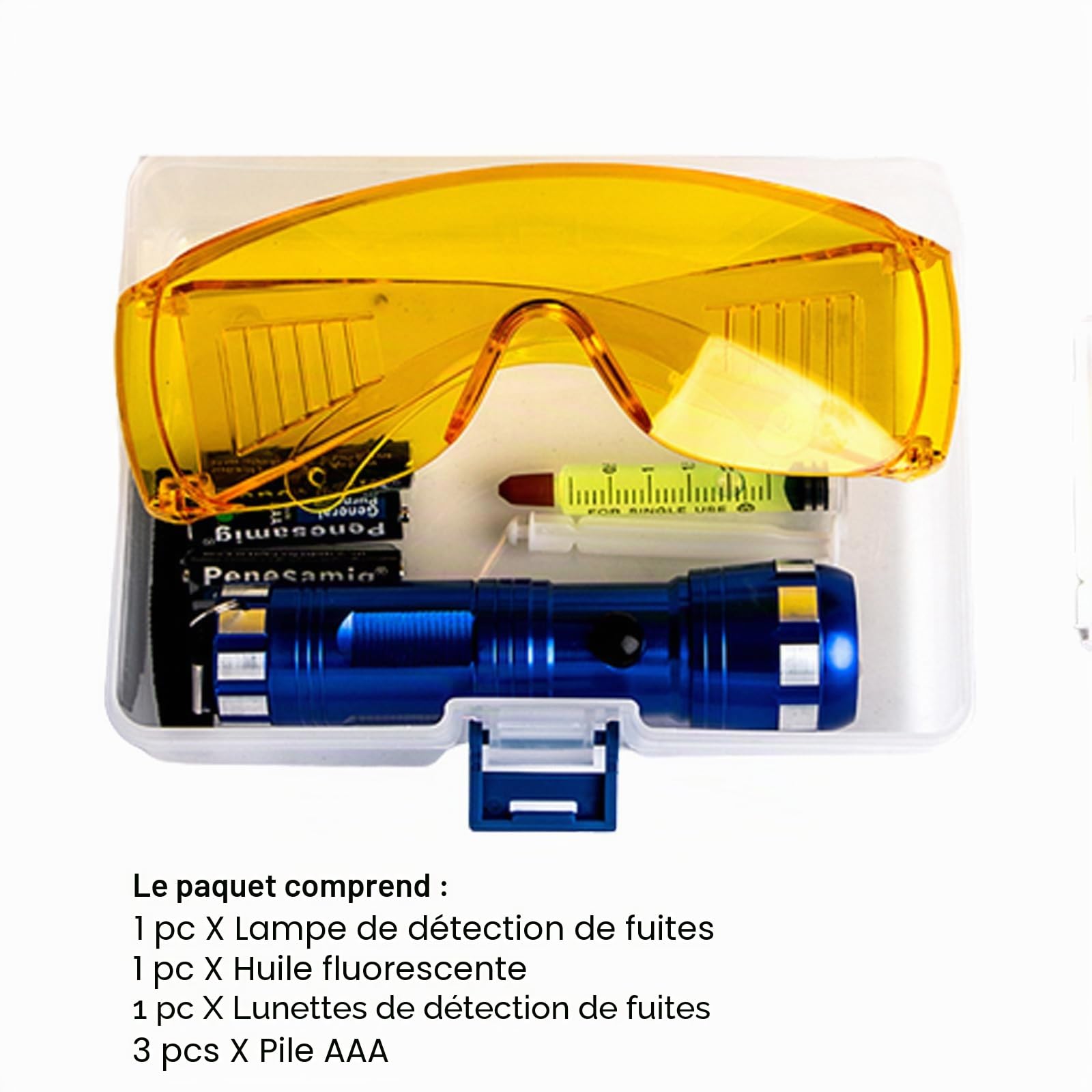 Kit de détecteur de fuite CA automobile, outil de détection de fuite de climatiseur automatique, lunettes de protection fluorescentes, kit de détection de fuite de teinture d'huile UV (L)