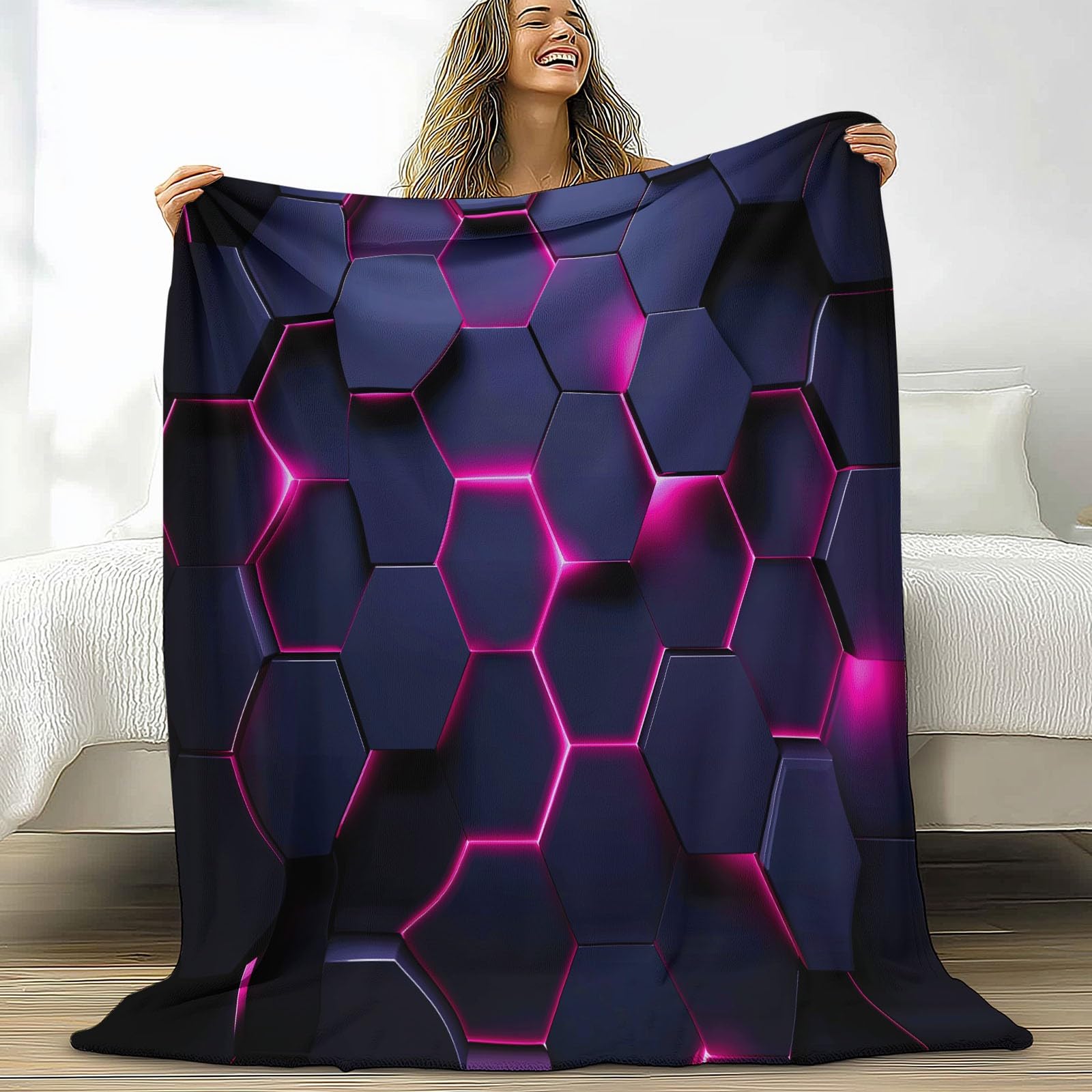 Coperta Peluche Morbido Arcobaleno Neon per Divano Sedia, Morbidi Coperte Plaid Flanella Fantascienza 3D Esagoni Geometrico - Caldo Trapuntino Sherpa Peluche Morbido Copriletto Letto, 180 x 220 cm