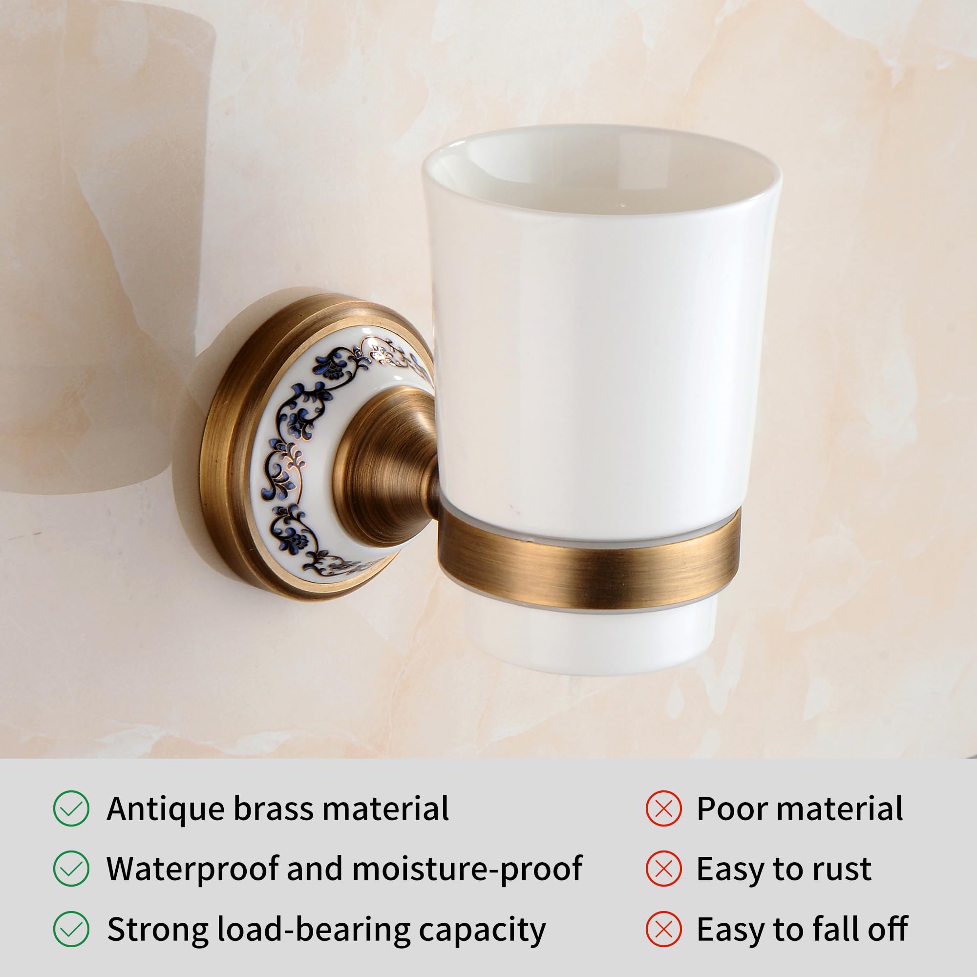 Antiek Brons Messing Tandenborstelhouder Bekerhouder Met Witte Keramische Tuimelaar, Wandmontage Badkamer Hardware Accessoires, Porselein Ontwerp