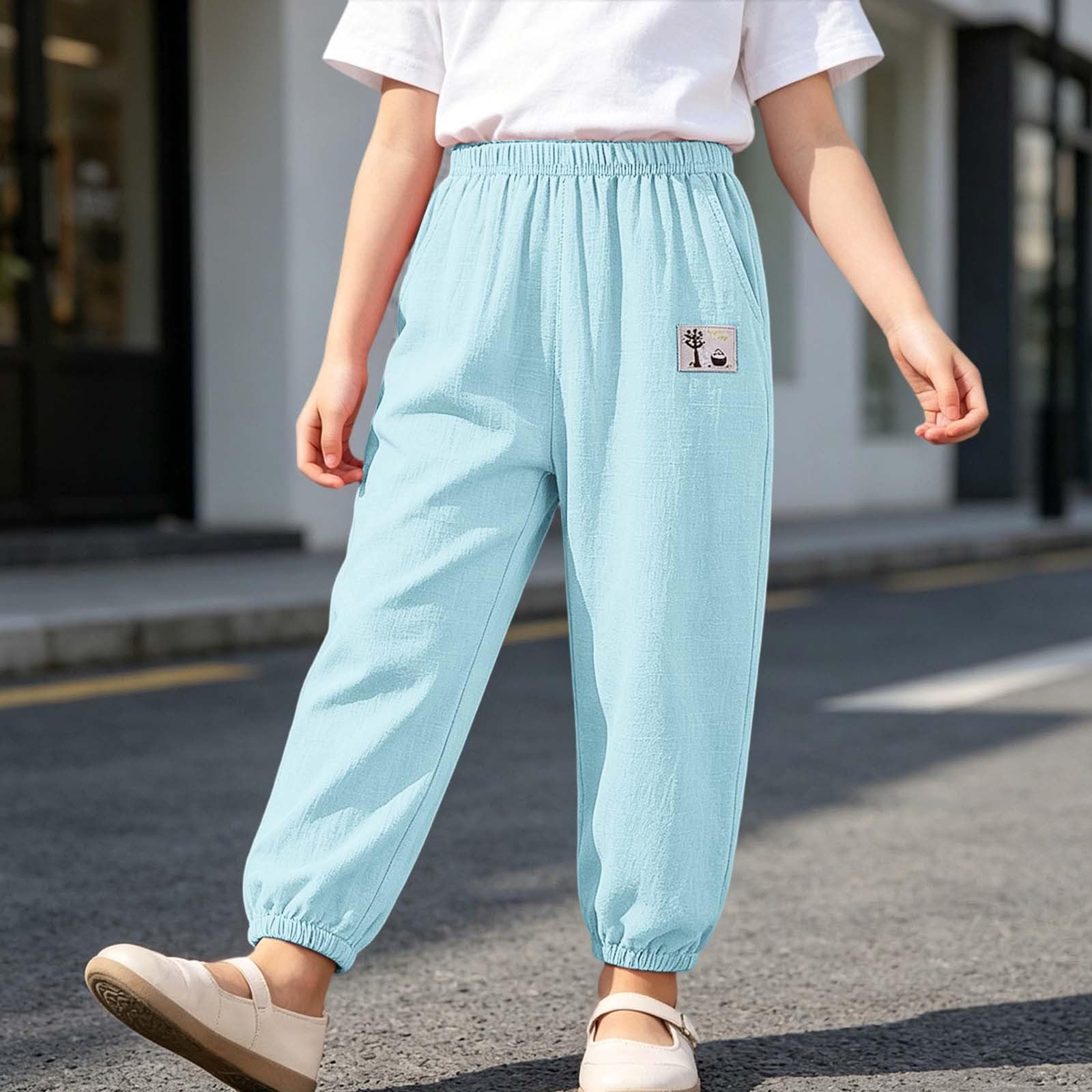 Pantalon Lin Enfant Garçon Fille Été Anti-moustiques Décontracté Pantalon Coton Lin Couleur Unie Pantalons Loisirs Sarouel Taille élastique Streetwear 3-10 Ans
