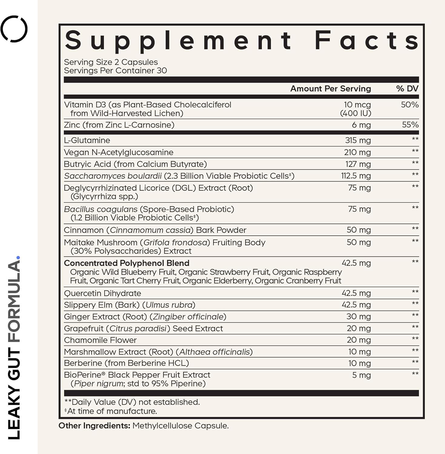 Codeage Leaky Gut Supplement, L-Glutamine, N-Acetylglucosamine, Probiotic, Butyric Acid, Polyphenols, Quercetin, DGL, Marshmallow Root, Berberine, BioPerine, Cinnamon, Vegan, Non-GMO, 60 Capsules - Image 2