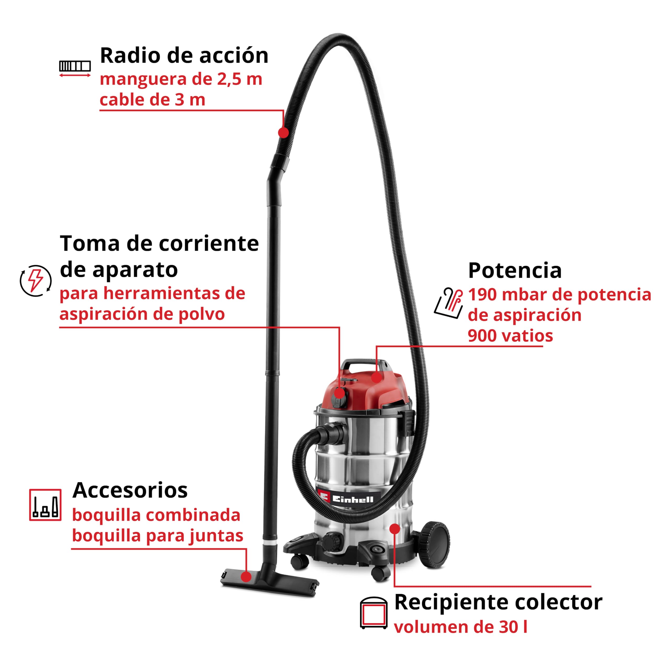 Einhell Aspirador en seco y húmedo TC-VC 3055 SA (900 W, 190 mbar, Toma automática, Recipiente de Acero Inoxidable 30 l, Ruedas y Rodillos, Incl. boquillas, filtros y Bolsa colectora de Suciedad)
