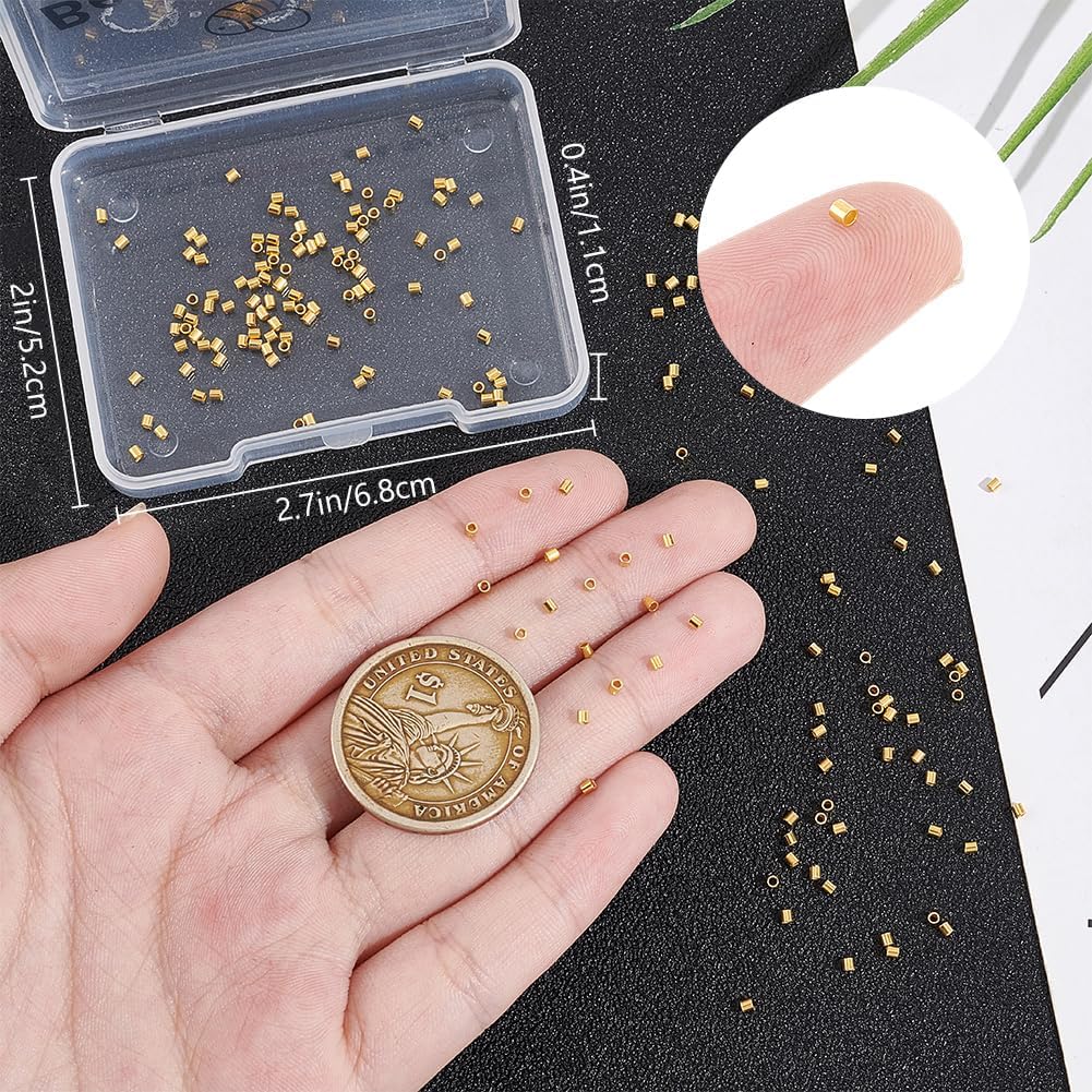 Beebeecraft 1 Box 200Pcs Crimp Tube Beads Real 18K Gold Plated 925 Sterling Silver Column Spacer Beads Loose Stopper Beads for Jewelry Making Bracelet Necklace Ring Findings DIY Crafts