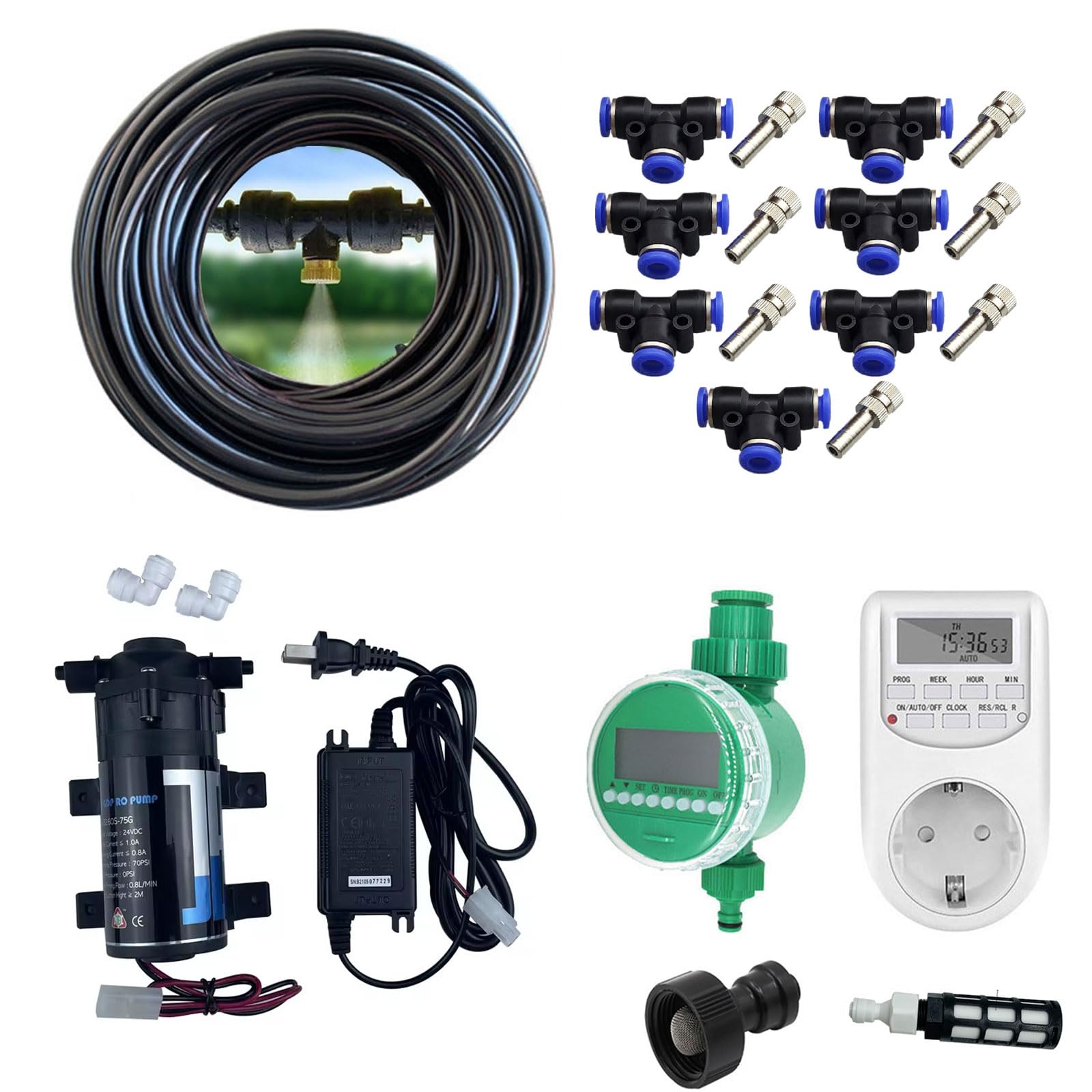30M Sisteme de Nebulización Refrigeración con cronómetro y Bomba, Boquilla Kit de Riego Automático con Boquilla, Sisteme de Nebulización Automática para Jardín Terraza Invernadero