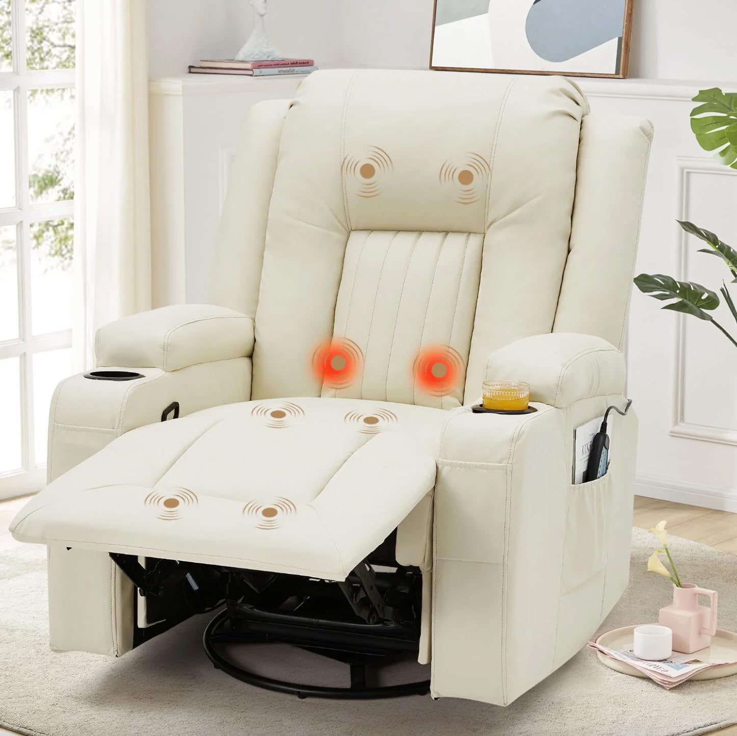 Massage Recliner Sofa Leather Vibrating Heated Chair Lounge Executive w/ Control - Cream