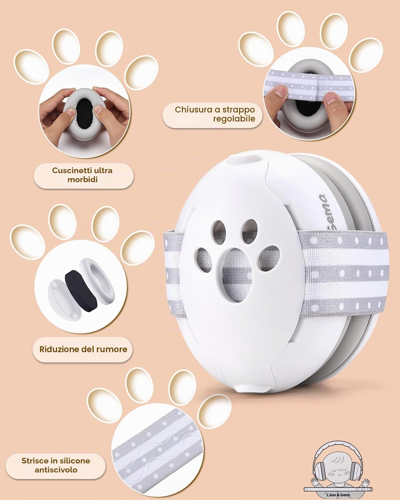 Lilian&Gema Protezione dell'udito per neonati 2-in-1 Cuffie con protezione acustica 25dB Paraorecchie regolazione del nastro